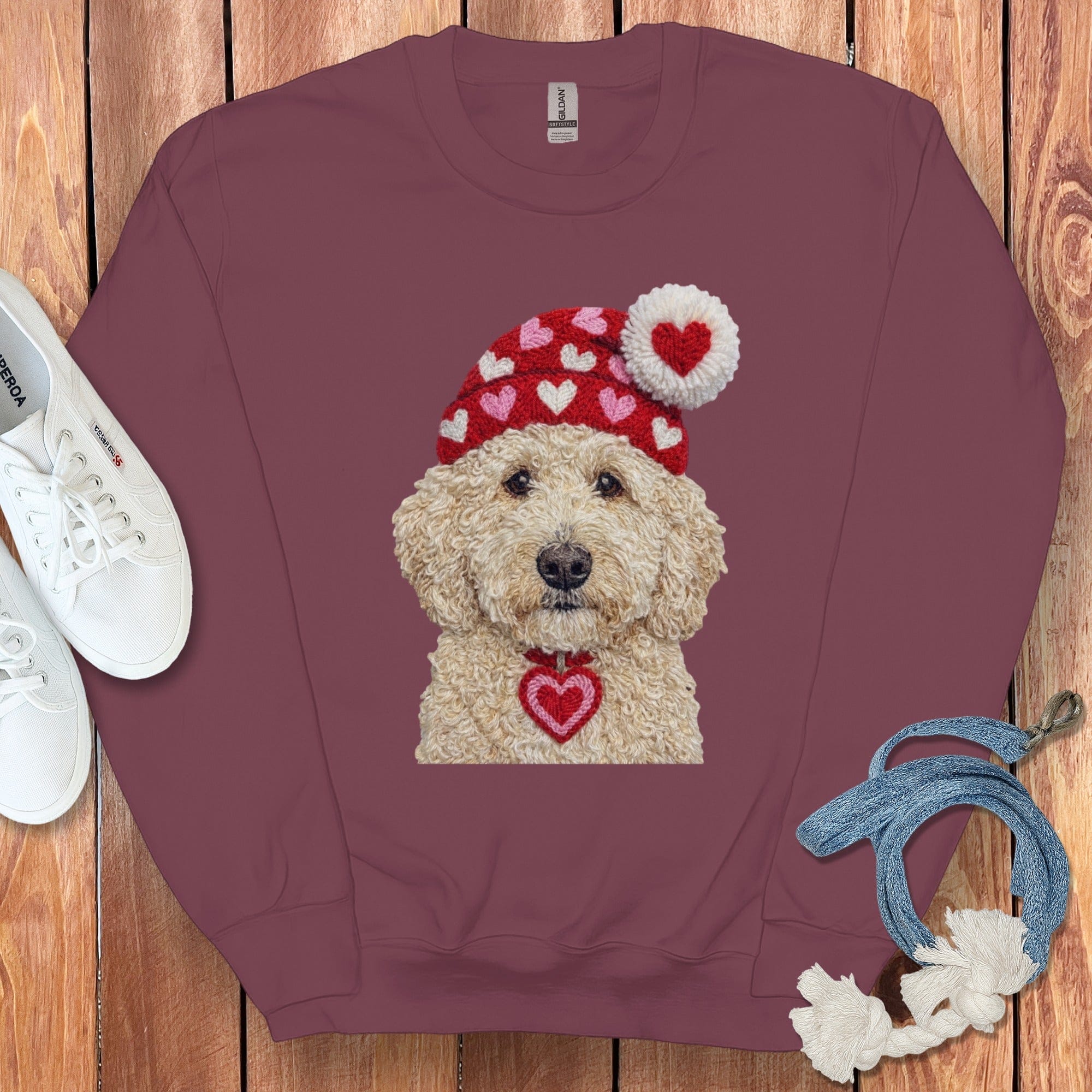 Cream Goldendoodle Valentine Charm Faux Yarn Sweatshirt in Maroon / S by Puppy Jo