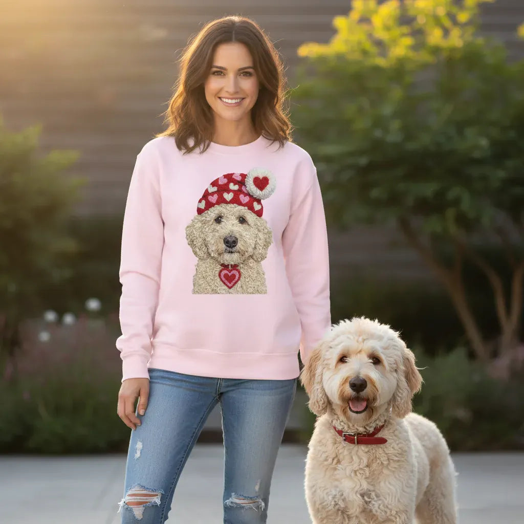 Cream Goldendoodle Valentine Charm Faux Yarn Sweatshirt in by Puppy Jo