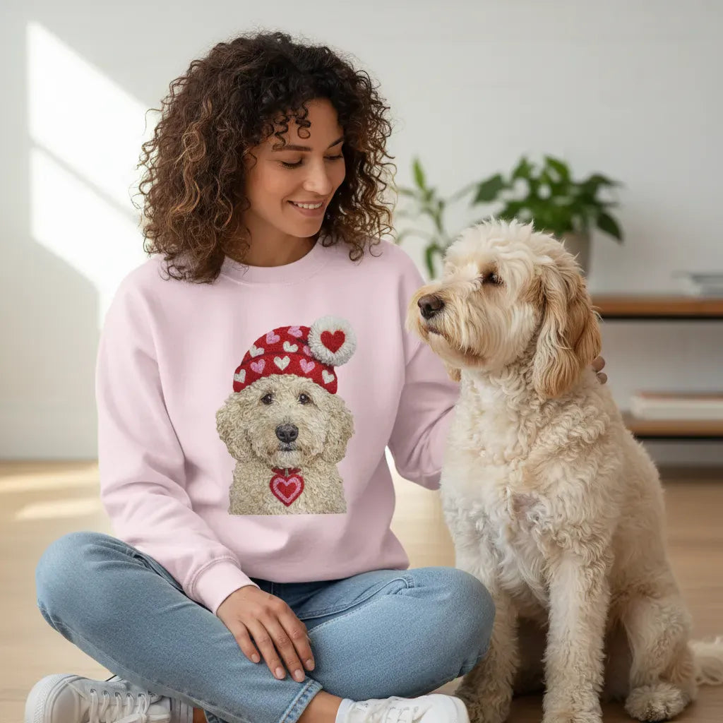Cream Goldendoodle Valentine Charm Faux Yarn Sweatshirt in by Puppy Jo