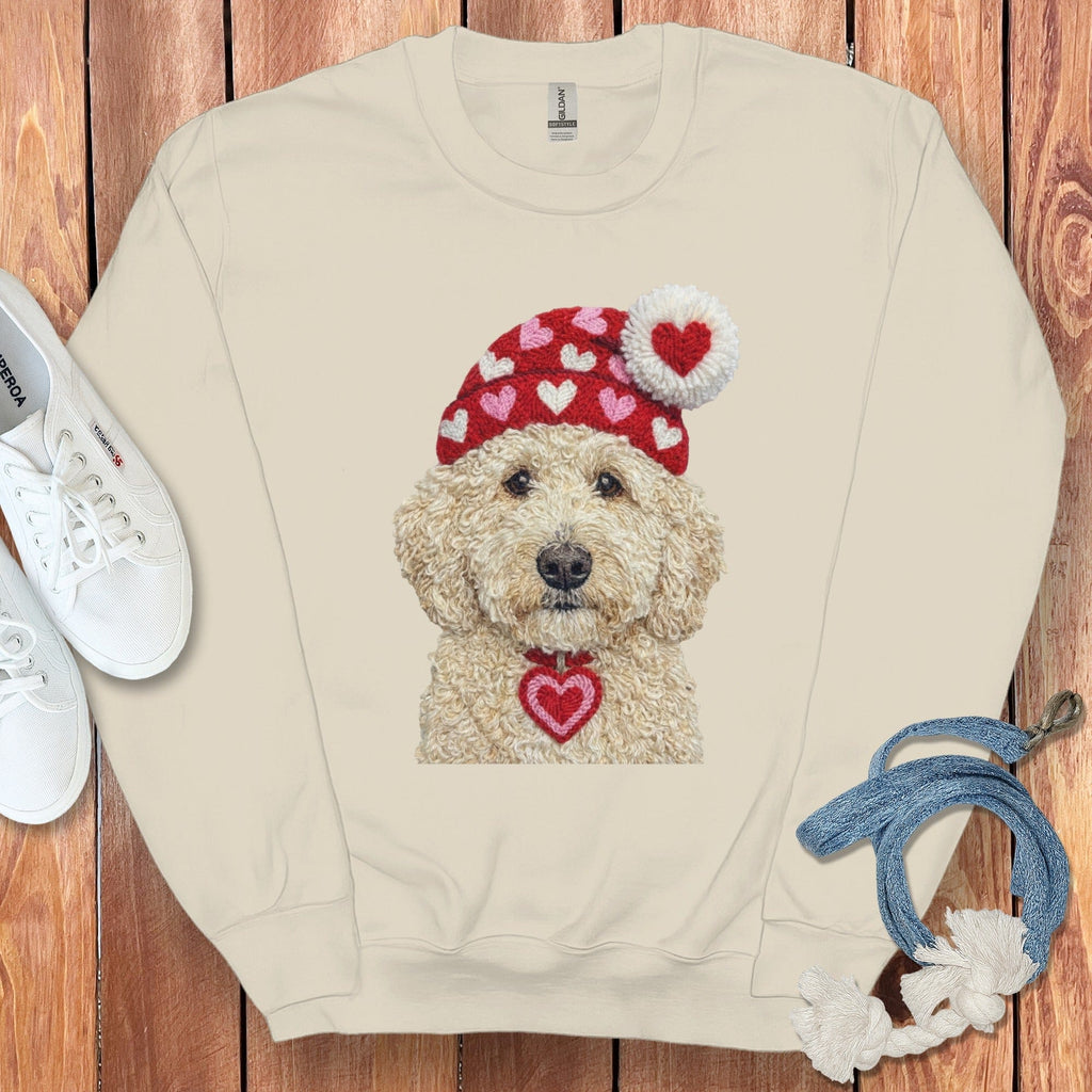 Cream Goldendoodle Valentine Charm Faux Yarn Sweatshirt in Sand / S by Puppy Jo