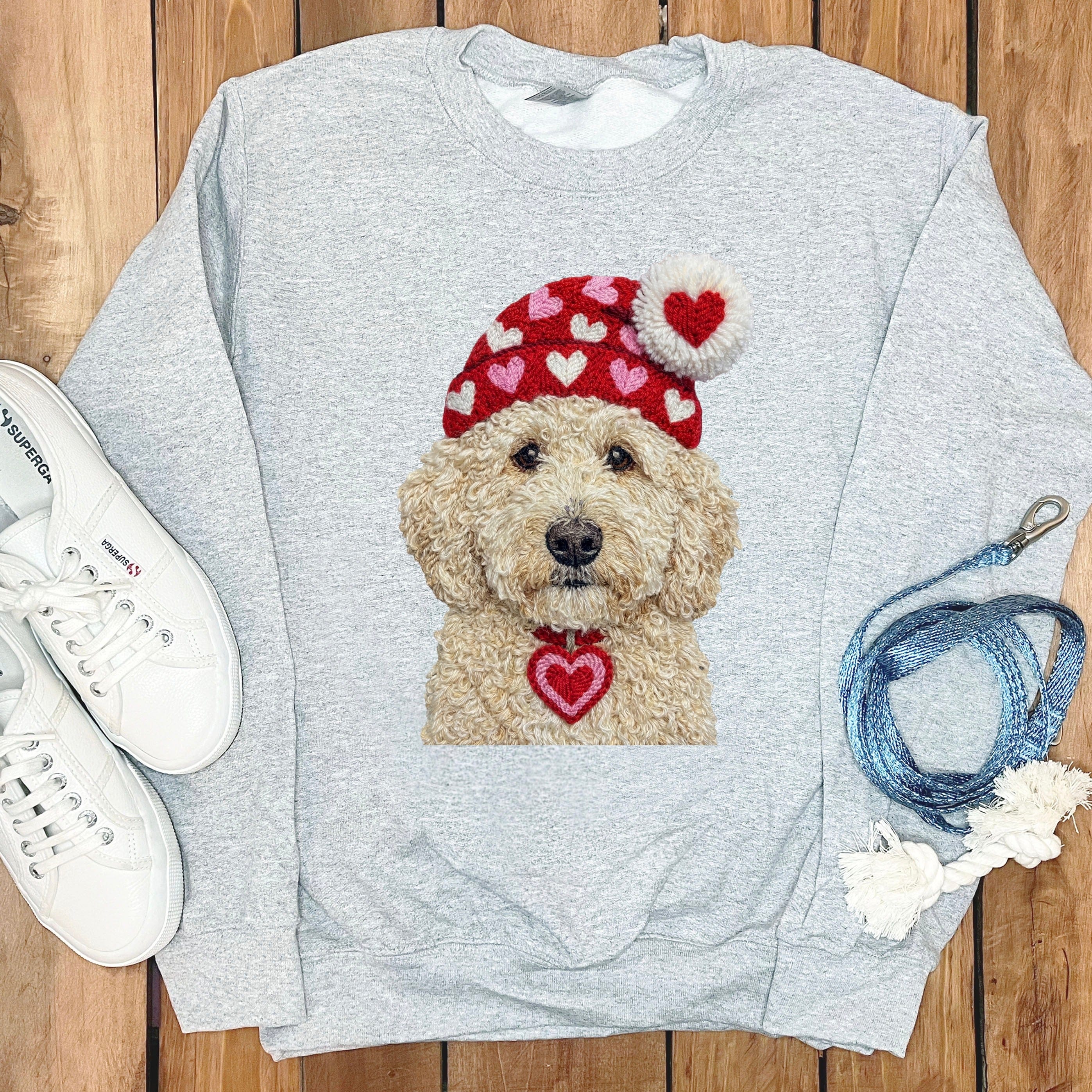 Cream Goldendoodle Valentine Charm Faux Yarn Sweatshirt in Sport Grey / S by Puppy Jo