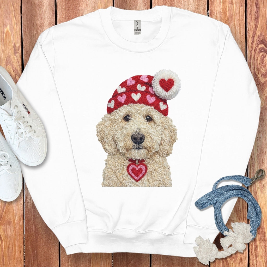 Cream Goldendoodle Valentine Charm Faux Yarn Sweatshirt in White / S by Puppy Jo