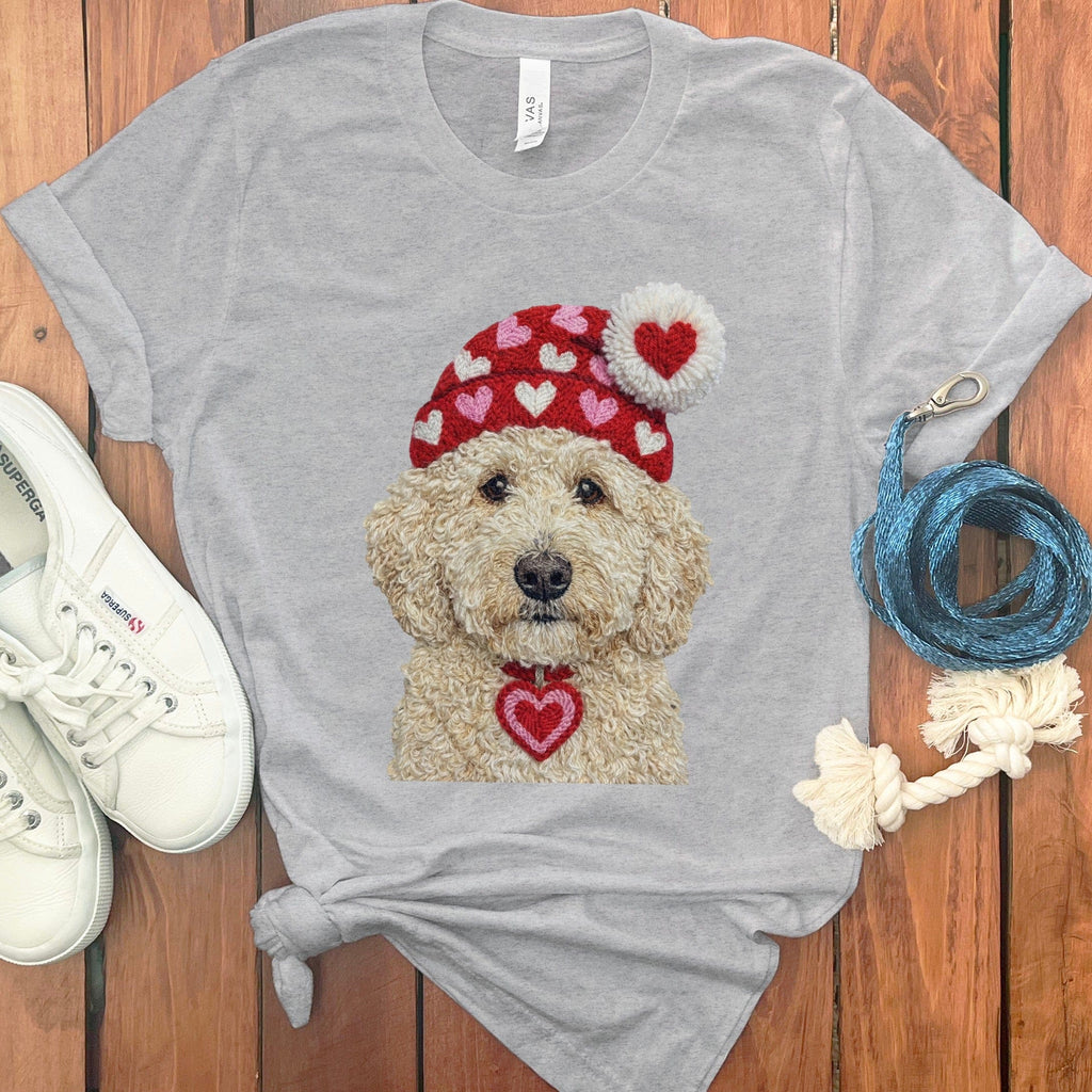 Cream Goldendoodle Valentine Charm Faux Yarn T-Shirt in Athletic Heather / S by Puppy Jo