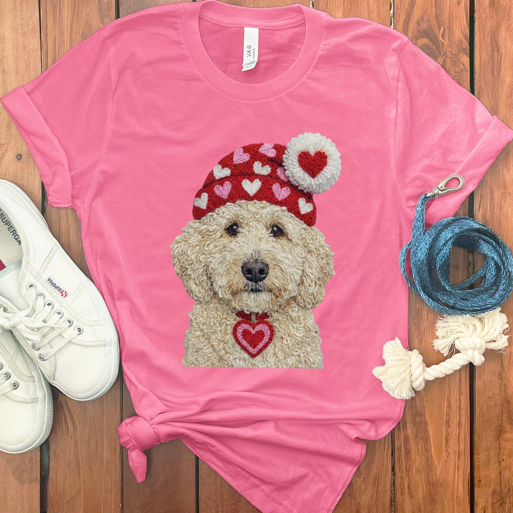 Cream Goldendoodle Valentine Charm Faux Yarn T-Shirt in Charity Pink / S by Puppy Jo