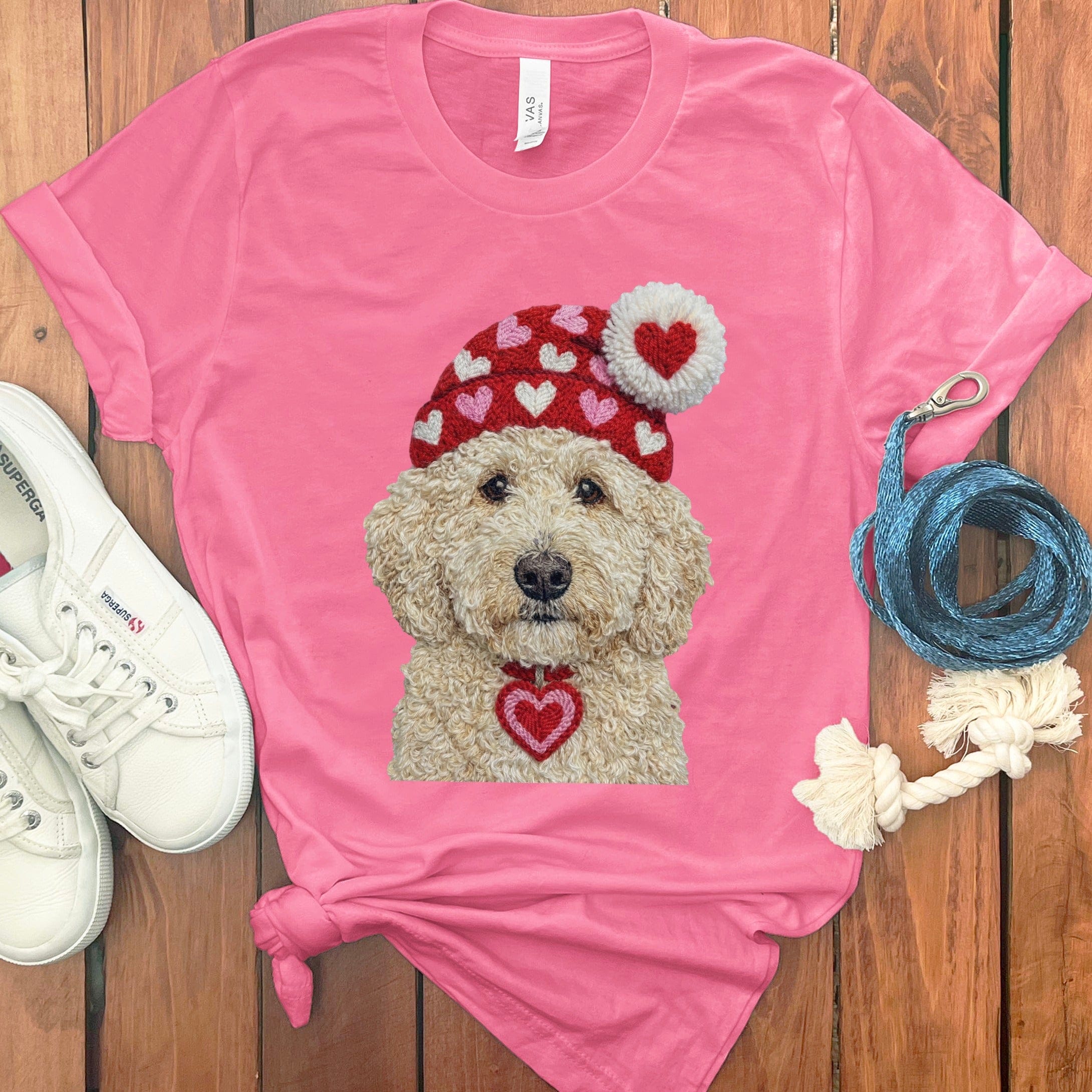 Cream Goldendoodle Valentine Charm Faux Yarn T-Shirt in Charity Pink / S by Puppy Jo