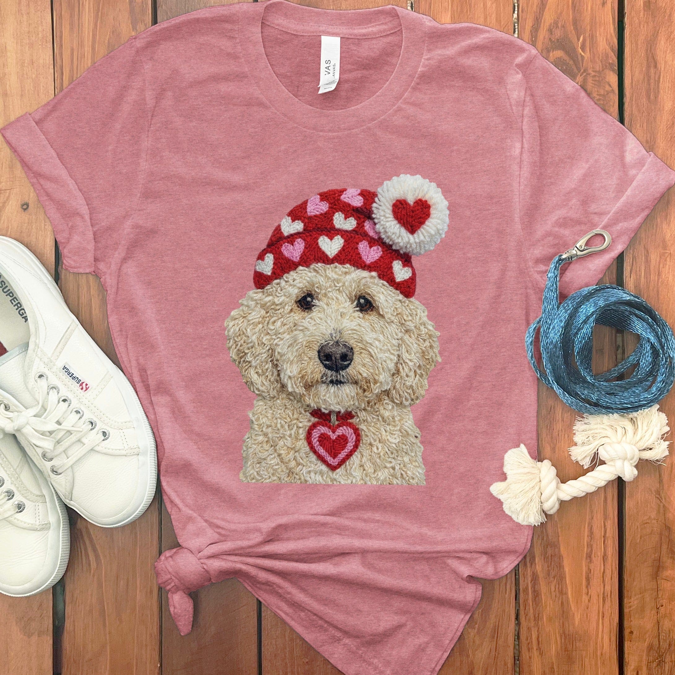 Cream Goldendoodle Valentine Charm Faux Yarn T-Shirt in Heather Mauve / S by Puppy Jo