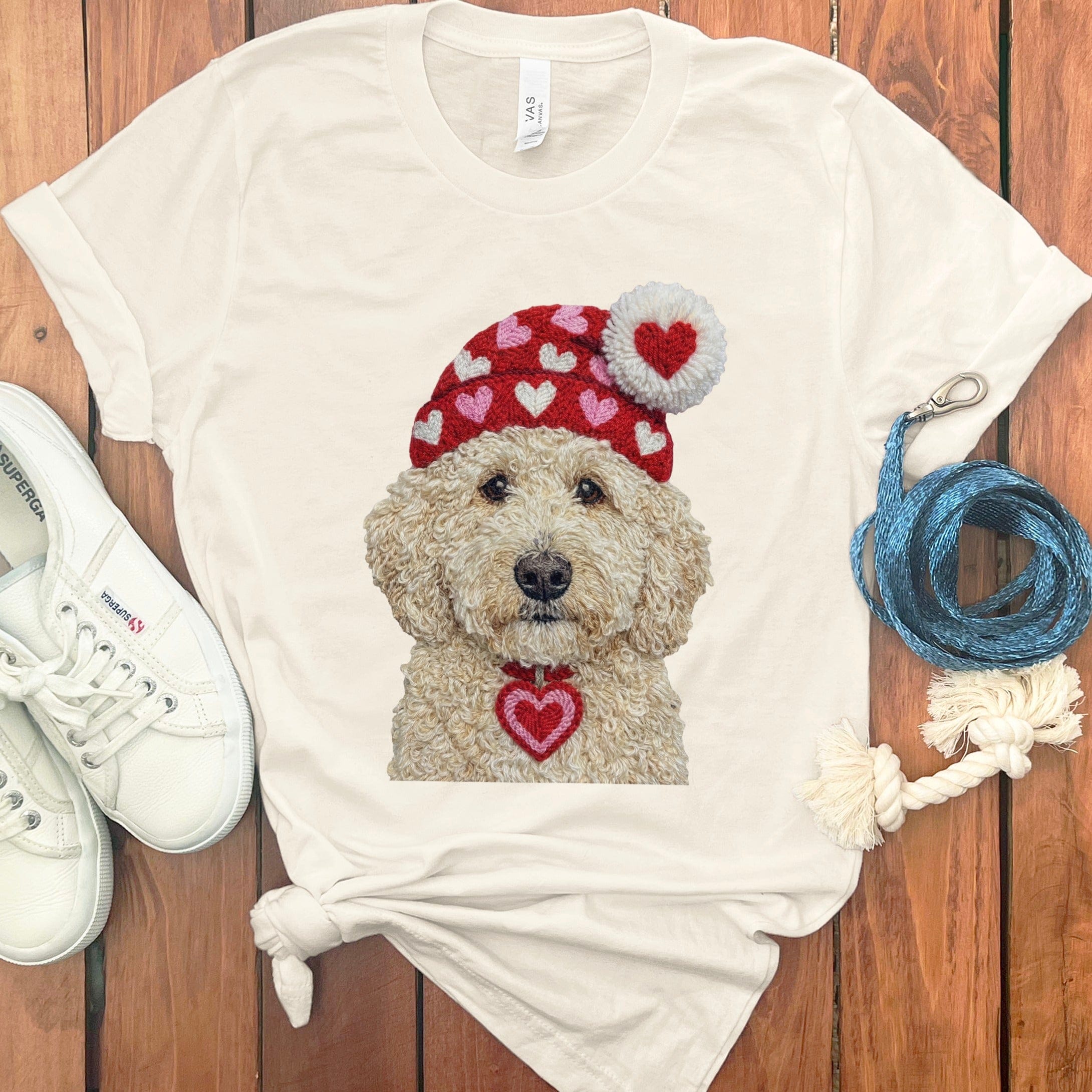 Cream Goldendoodle Valentine Charm Faux Yarn T-Shirt in Natural / S by Puppy Jo