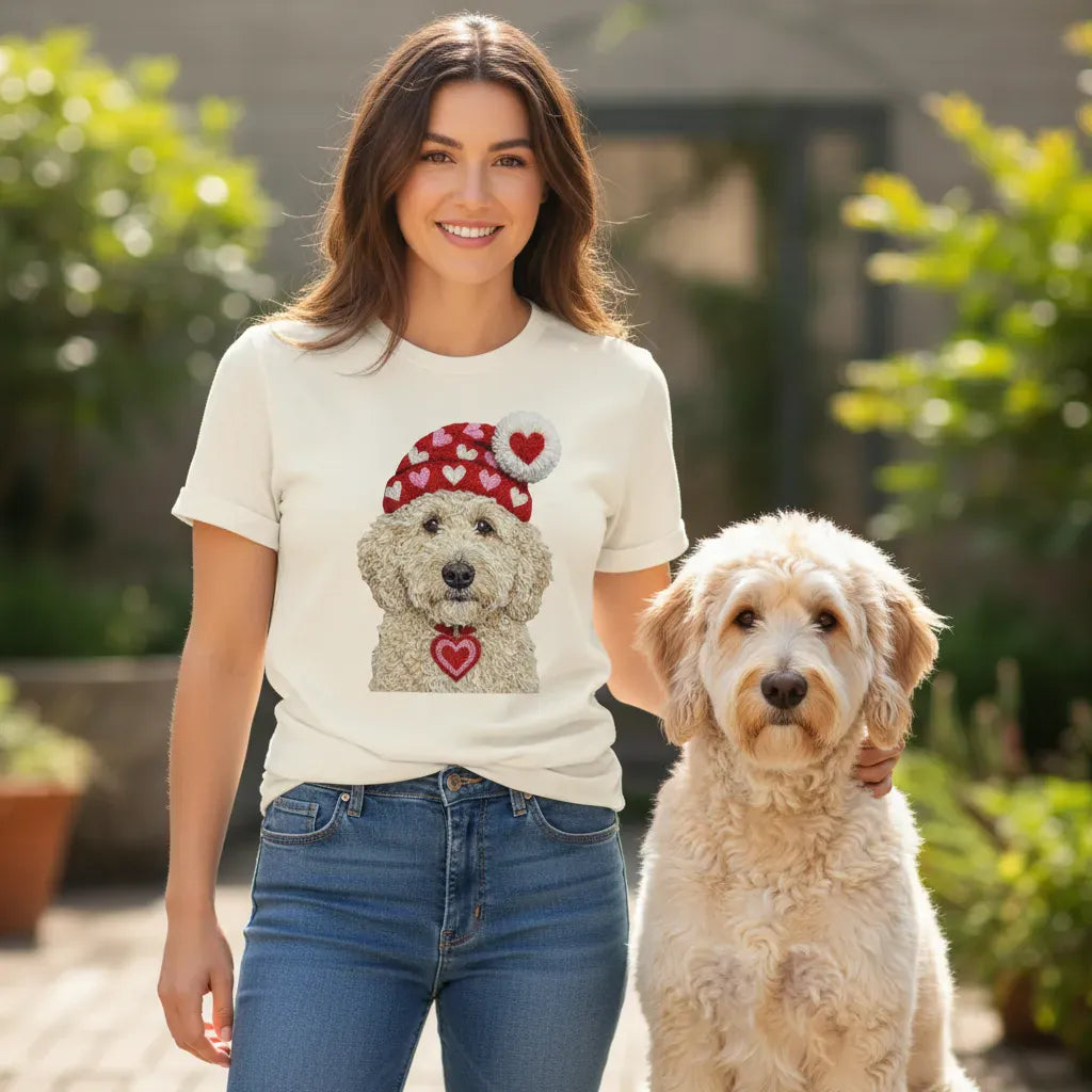 Cream Goldendoodle Valentine Charm Faux Yarn T-Shirt in by Puppy Jo