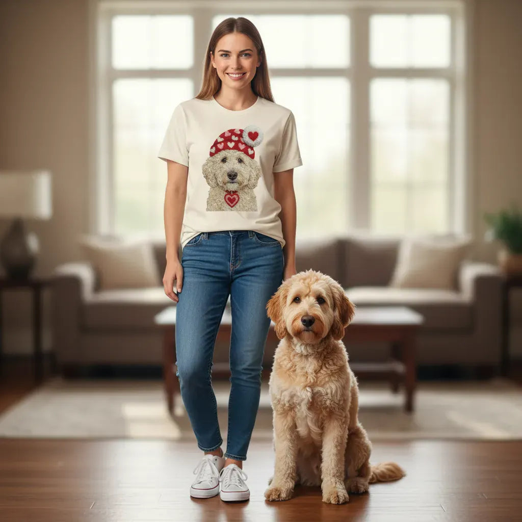 Cream Goldendoodle Valentine Charm Faux Yarn T-Shirt in by Puppy Jo
