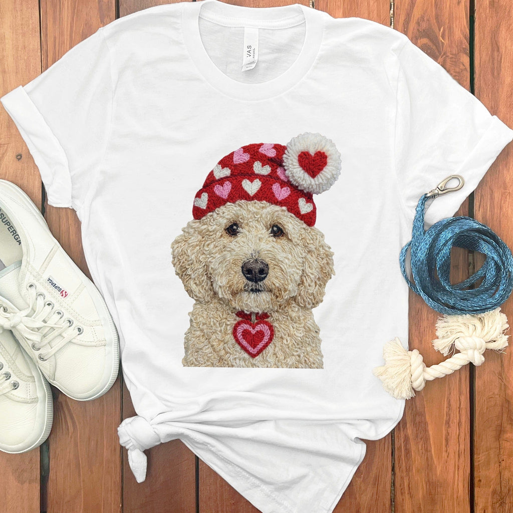 Cream Goldendoodle Valentine Charm Faux Yarn T-Shirt in White / S by Puppy Jo