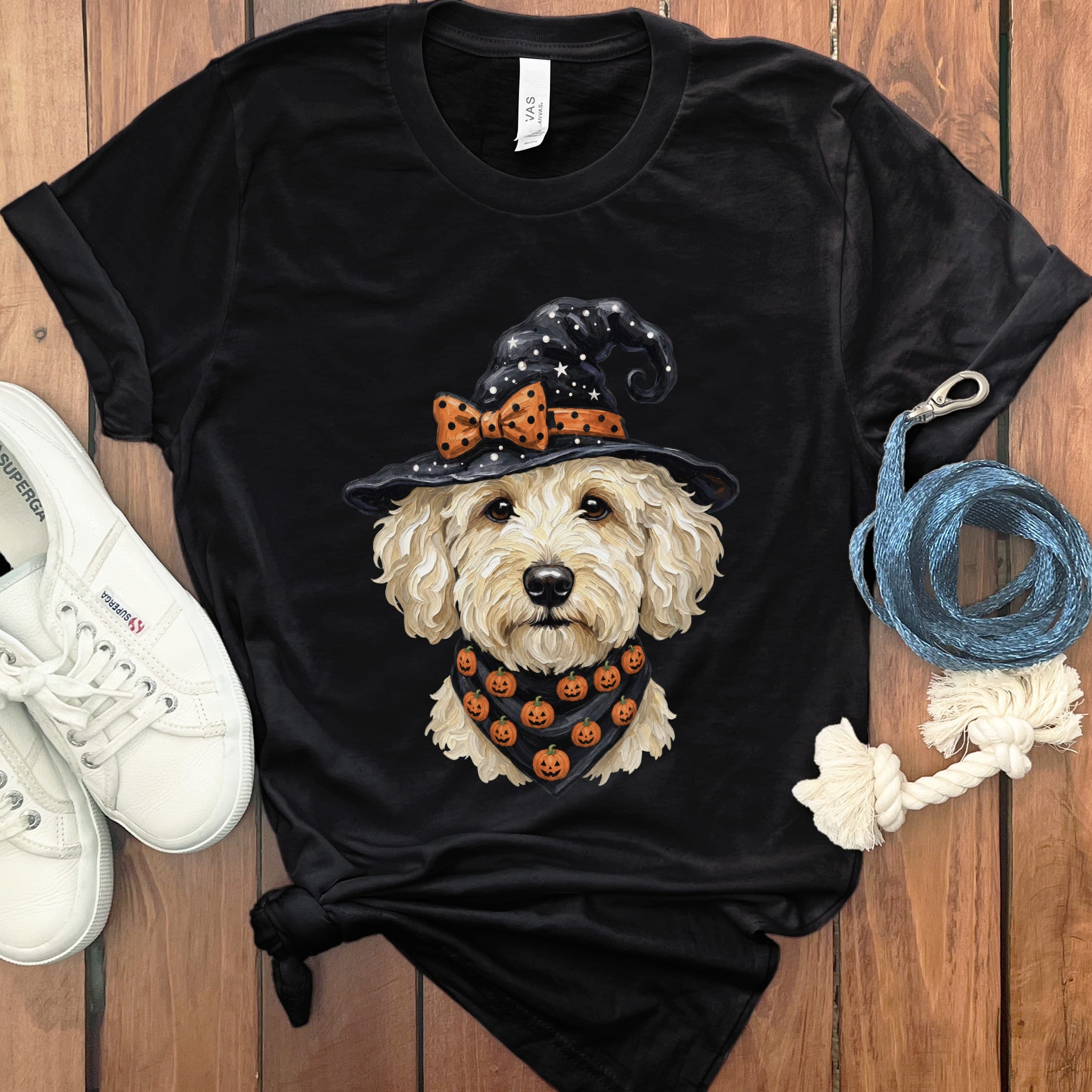 Cream Goldendoodle Witch Hat T-Shirt in Black / S by MyDesigns