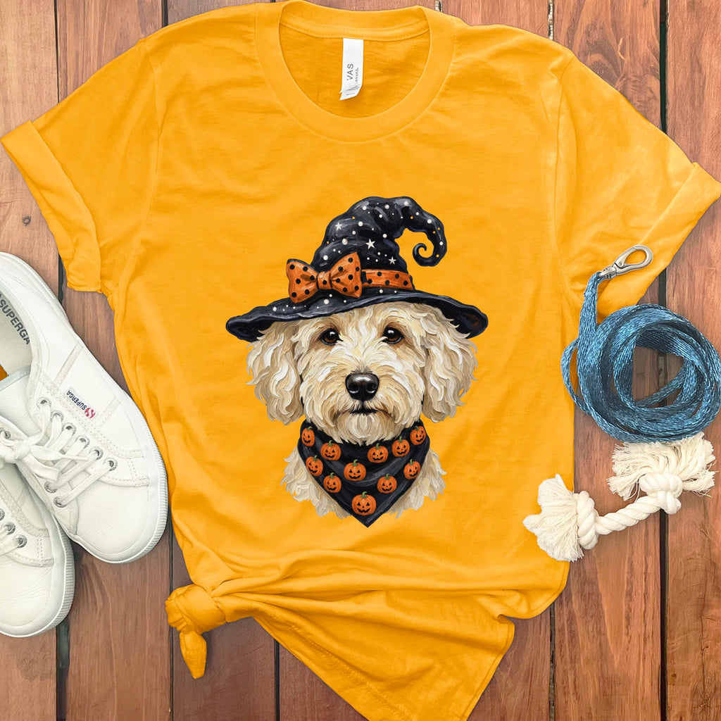 Cream Goldendoodle Witch Hat T-Shirt in Gold / S by MyDesigns