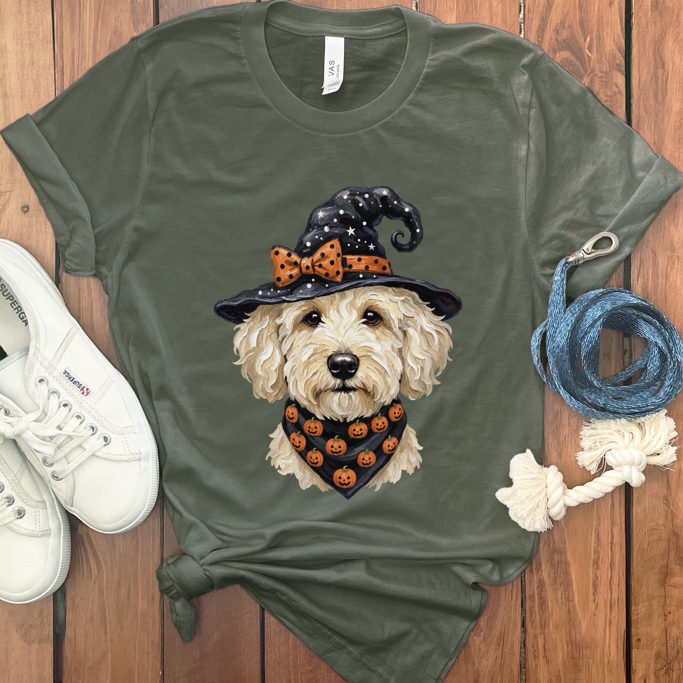 Cream Goldendoodle Witch Hat T-Shirt in Military Green / S by MyDesigns