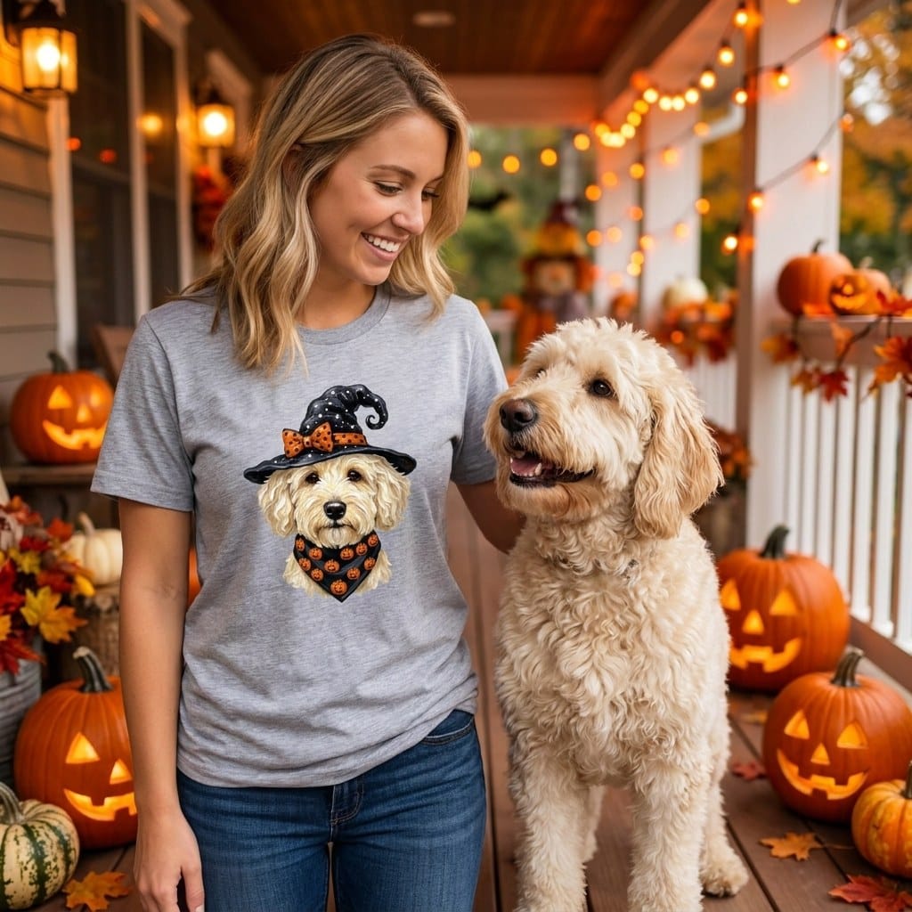 Cream Goldendoodle Witch Hat T-Shirt in by MyDesigns