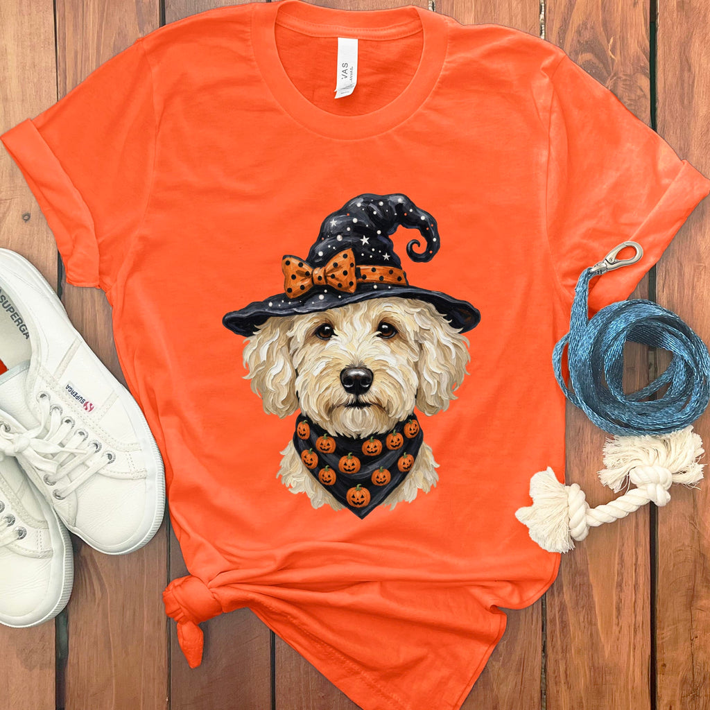 Cream Goldendoodle Witch Hat T-Shirt in Orange / S by MyDesigns