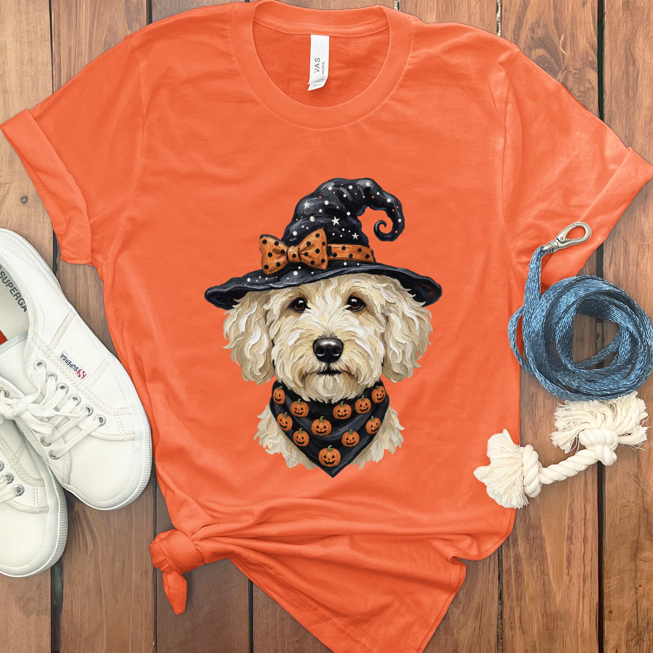 Cream Goldendoodle Witch Hat T-Shirt in Orange / S by MyDesigns