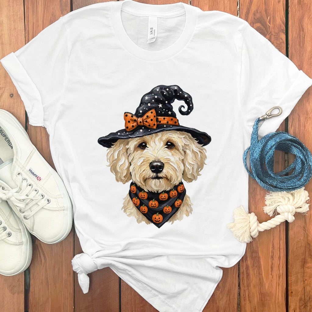 Cream Goldendoodle Witch Hat T-Shirt in White / S by MyDesigns