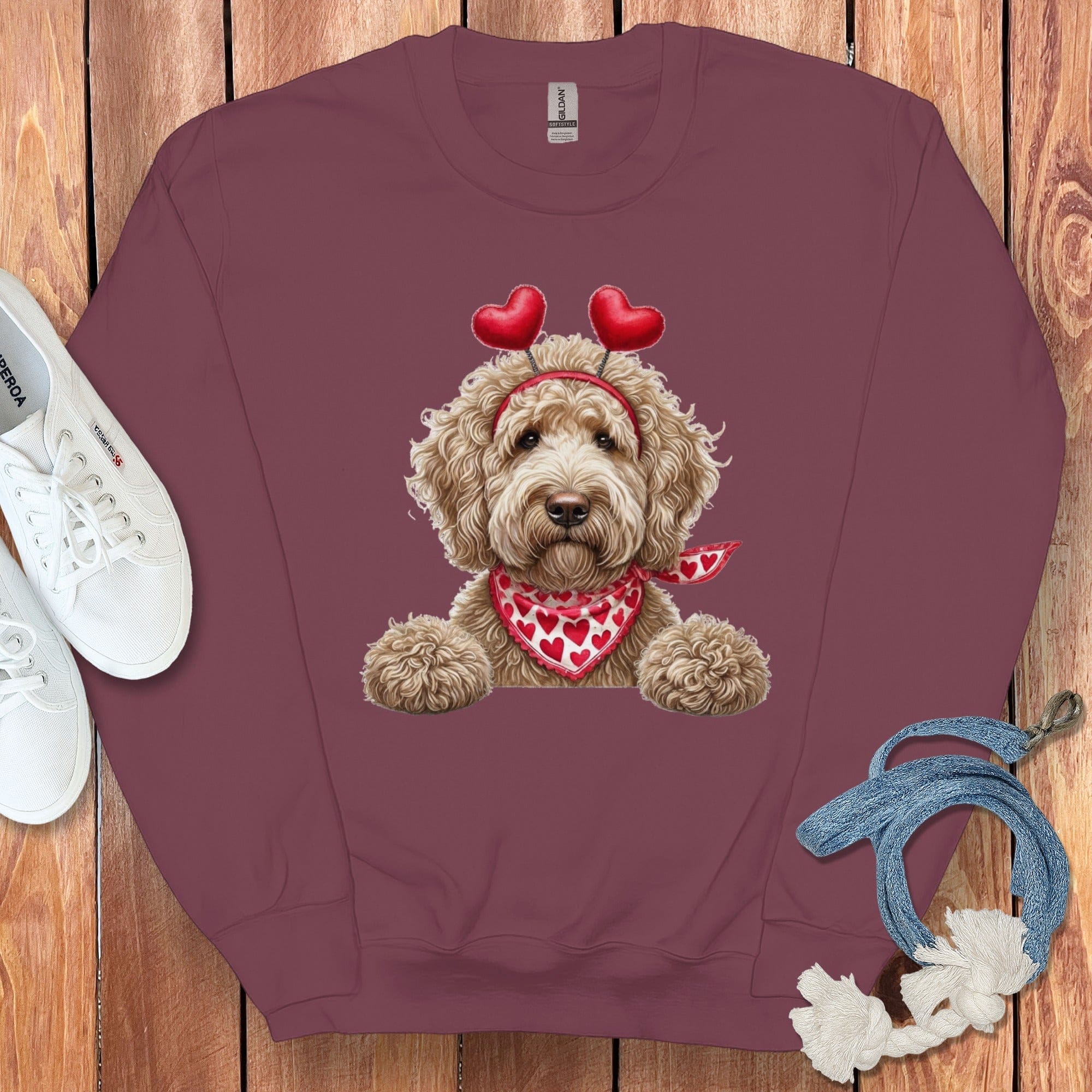 Cream Labradoodle Heart Sweatshirt in Maroon / S by Puppy Jo