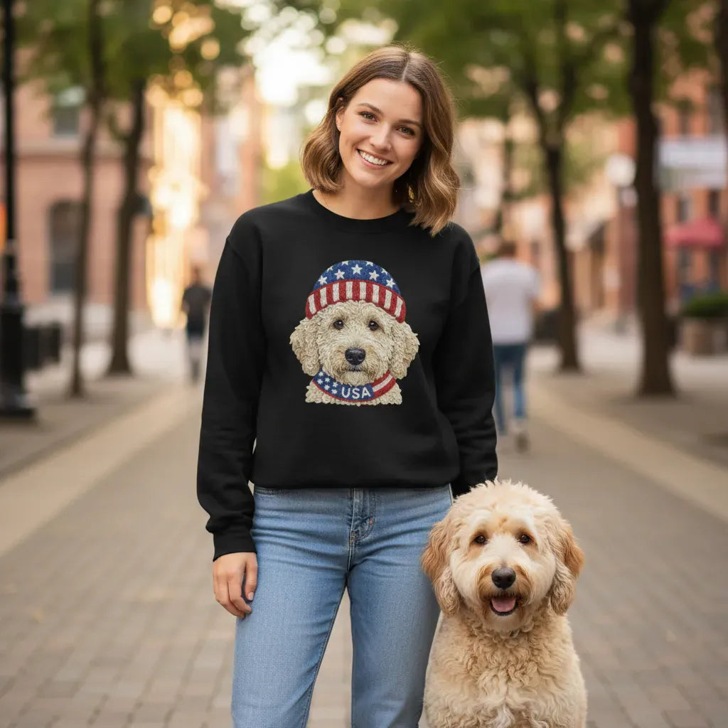 Cream Patriotic Cap Goldendoodle Sweatshirt in by Puppy Jo