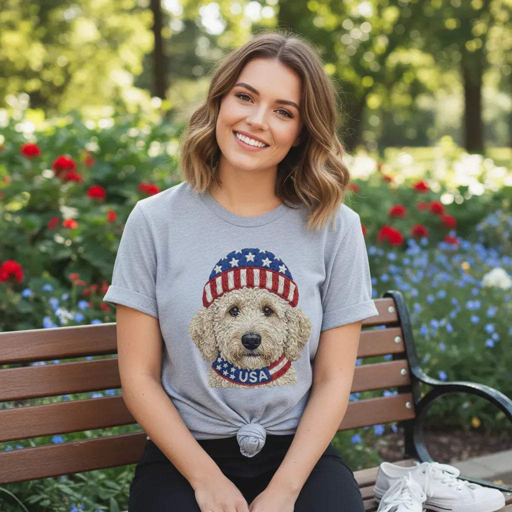 Cream Patriotic Cap Goldendoodle T-Shirt in by Puppy Jo