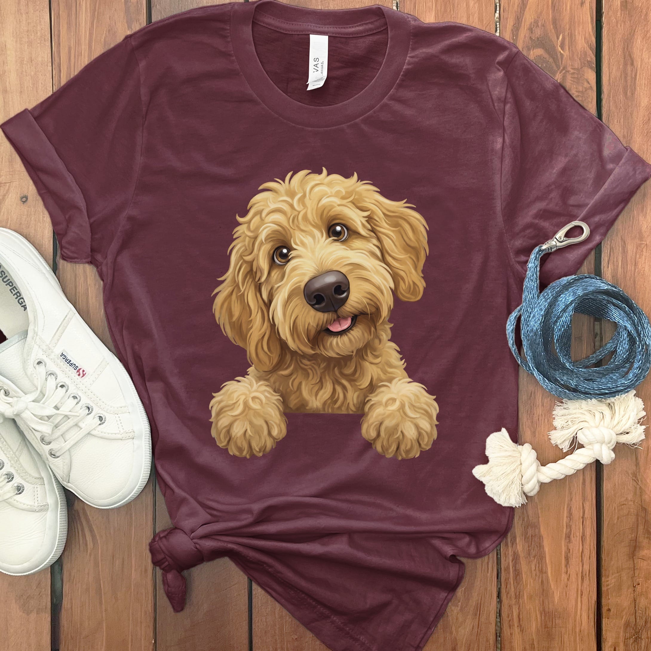 Curious Apricot Goldendoodle T-Shirt in Maroon / S by Puppy Jo
