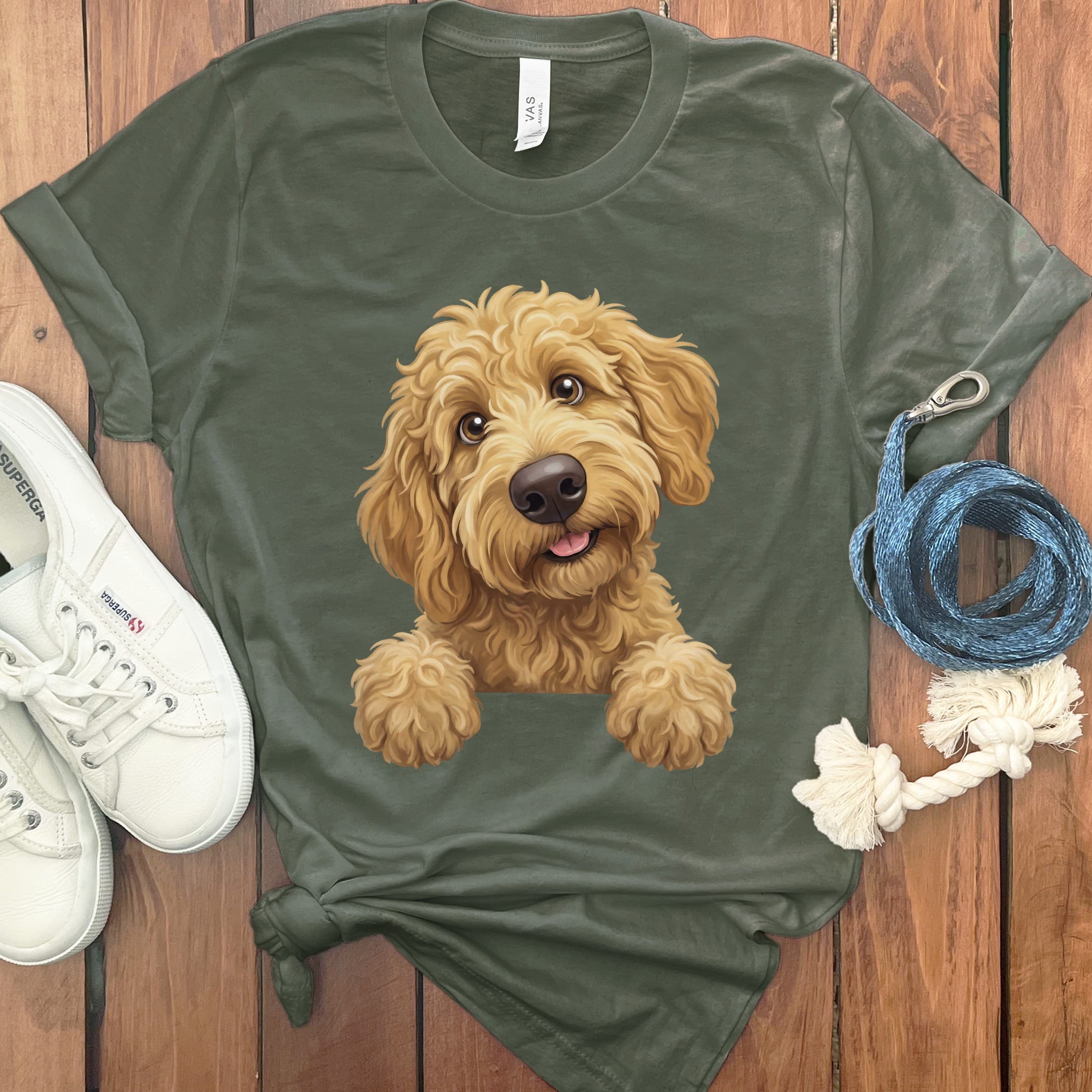 Curious Apricot Goldendoodle T-Shirt in Military Green / S by Puppy Jo