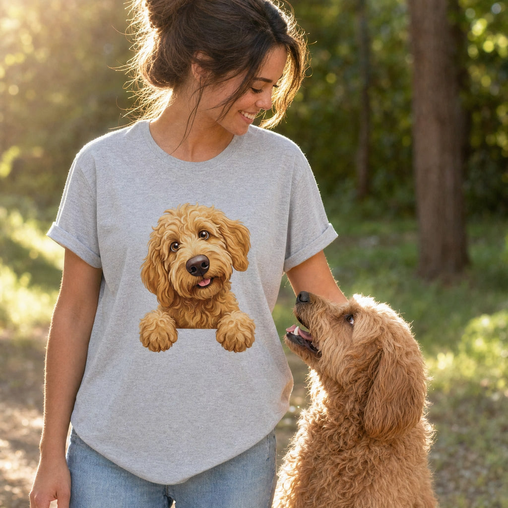 Curious Apricot Goldendoodle T-Shirt in by Puppy Jo