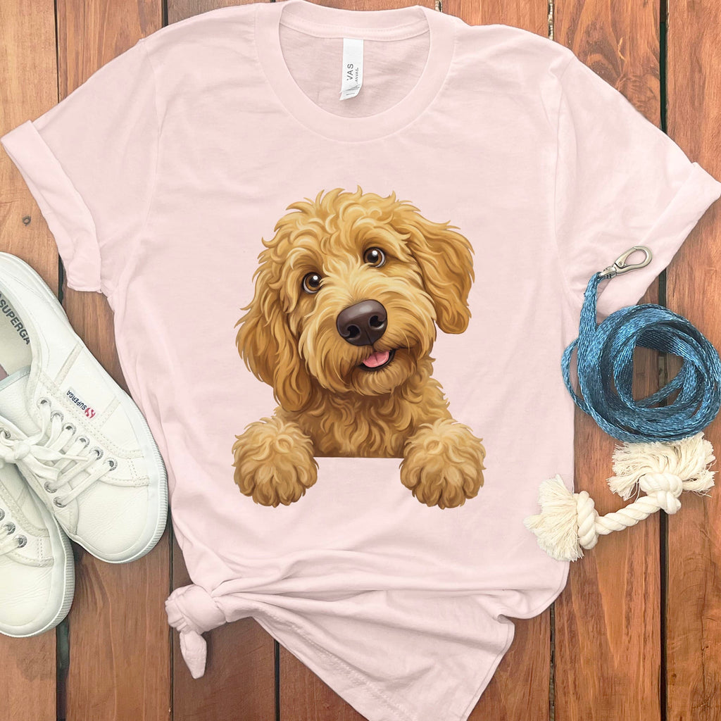 Curious Apricot Goldendoodle T-Shirt in Soft Pink / S by Puppy Jo