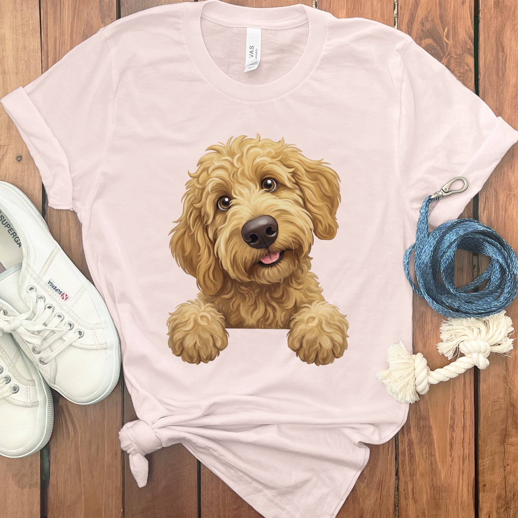 Curious Apricot Goldendoodle T-Shirt in Soft Pink / S by Puppy Jo