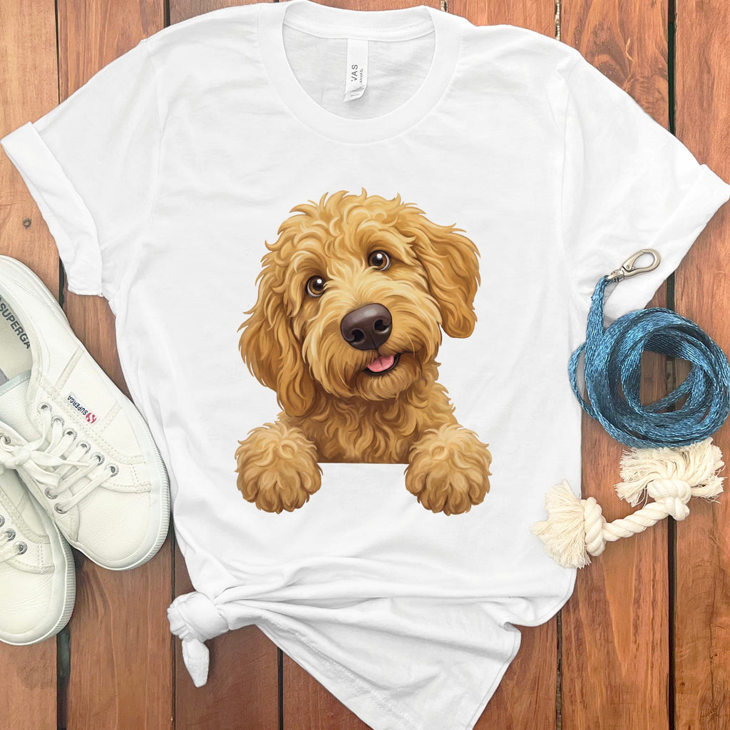 Curious Apricot Goldendoodle T-Shirt in White / S by Puppy Jo