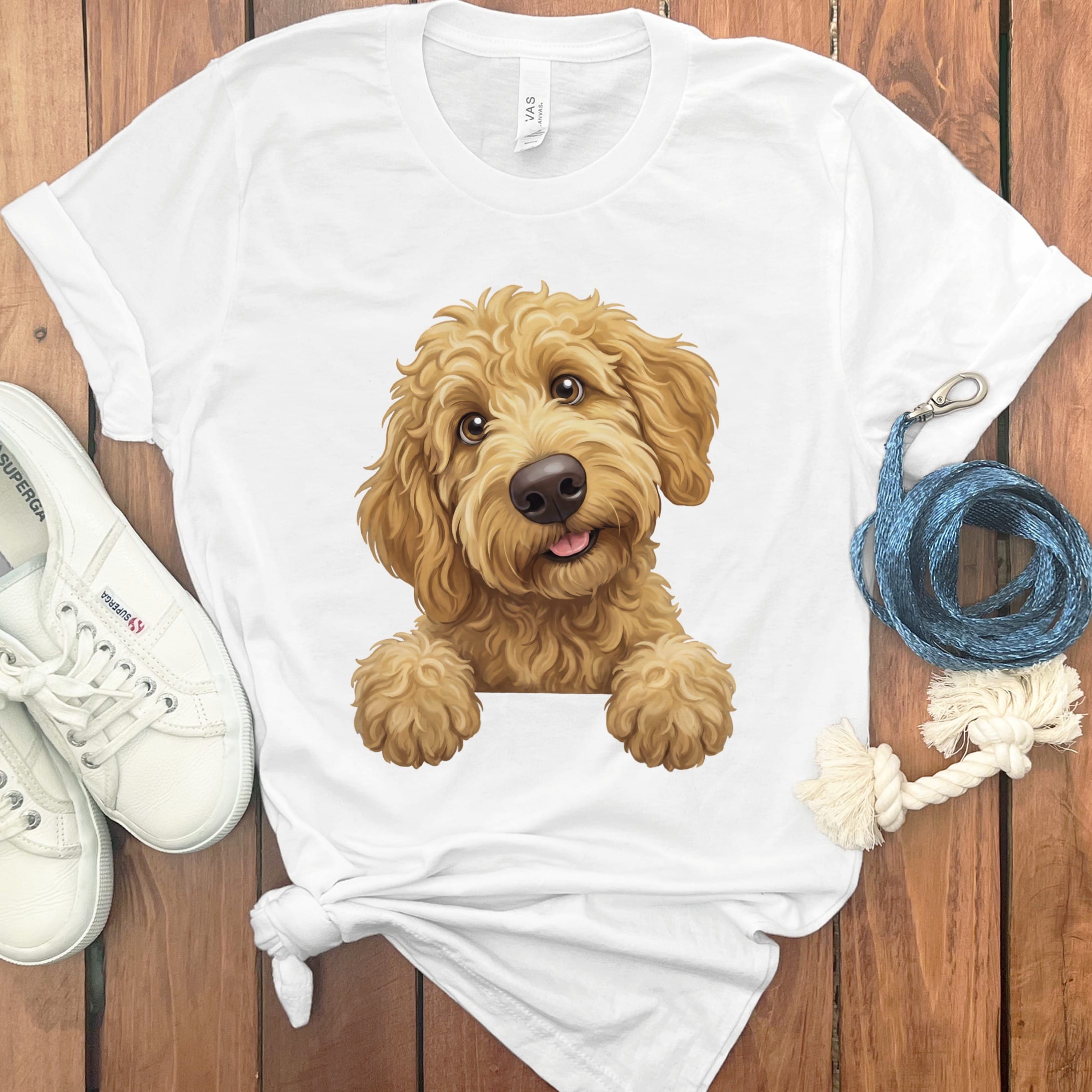 Curious Apricot Goldendoodle T-Shirt in White / S by Puppy Jo