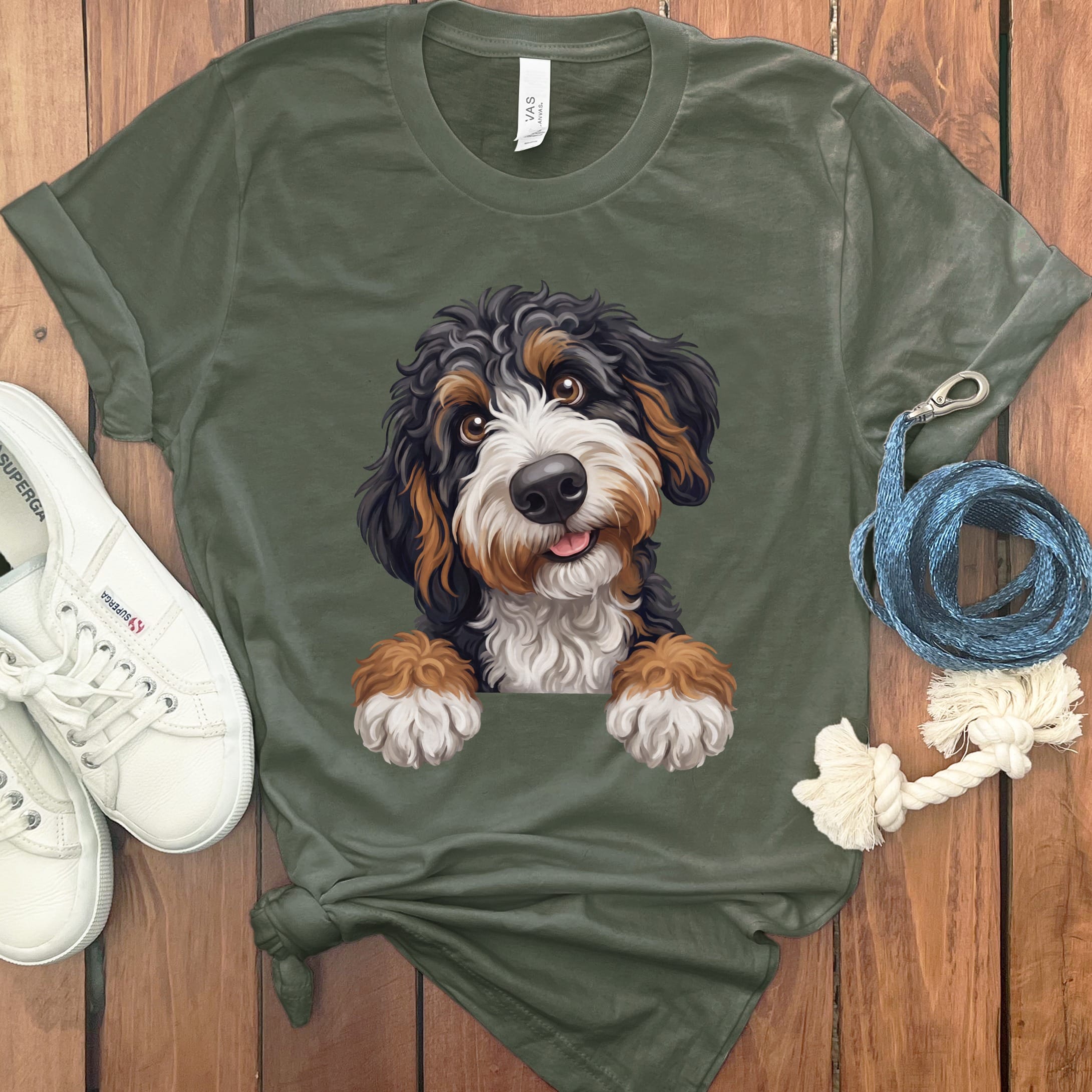 Curious Bernedoodle T-Shirt in Military Green / S by Puppy Jo