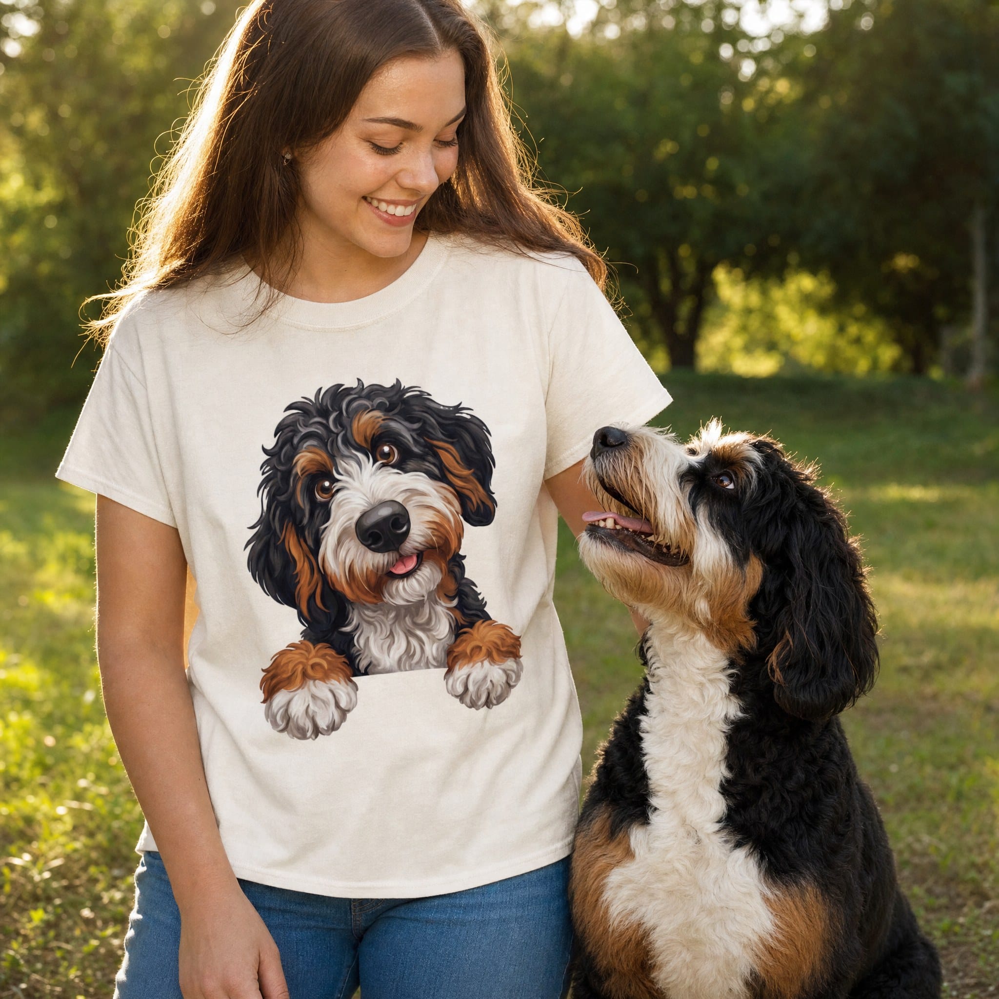 Curious Bernedoodle T-Shirt in by Puppy Jo