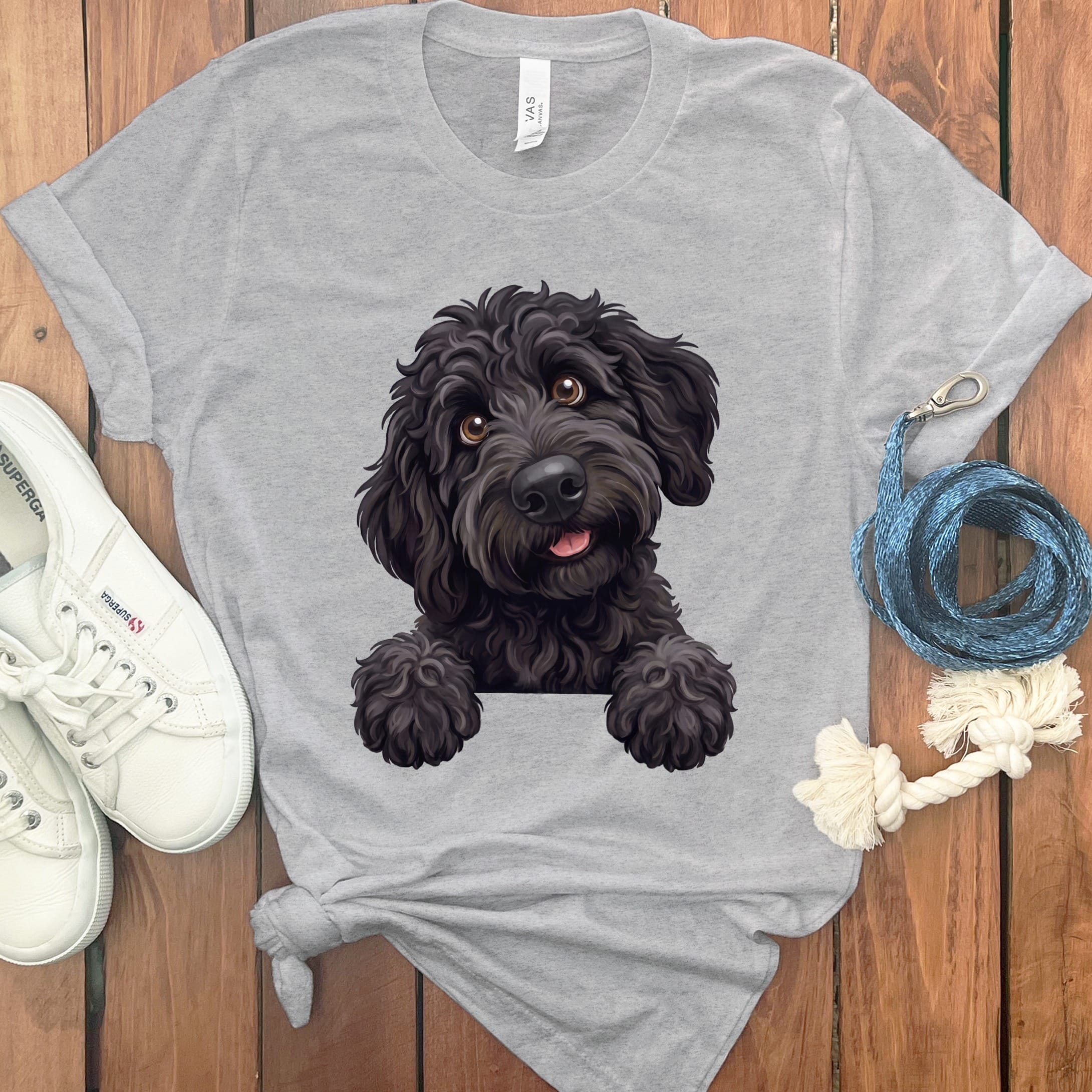 Curious Black Goldendoodle T-Shirt in Athletic Heather / S by Puppy Jo