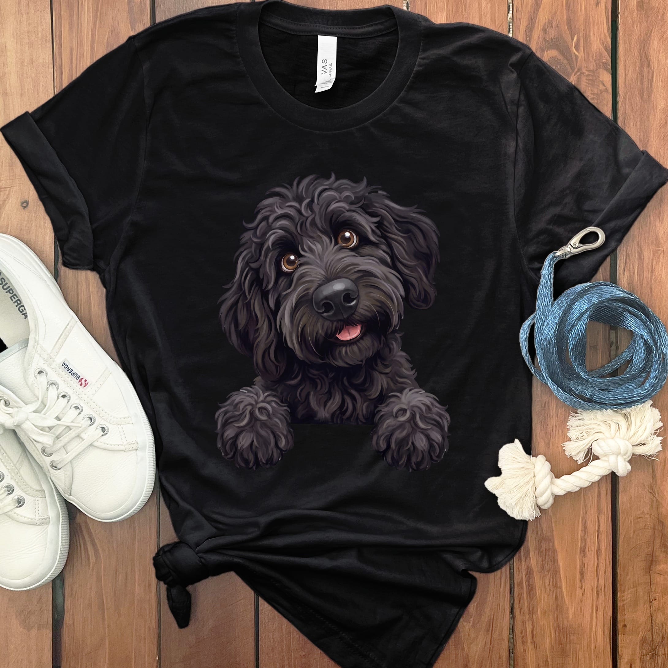 Curious Black Goldendoodle T-Shirt in Black / S by Puppy Jo
