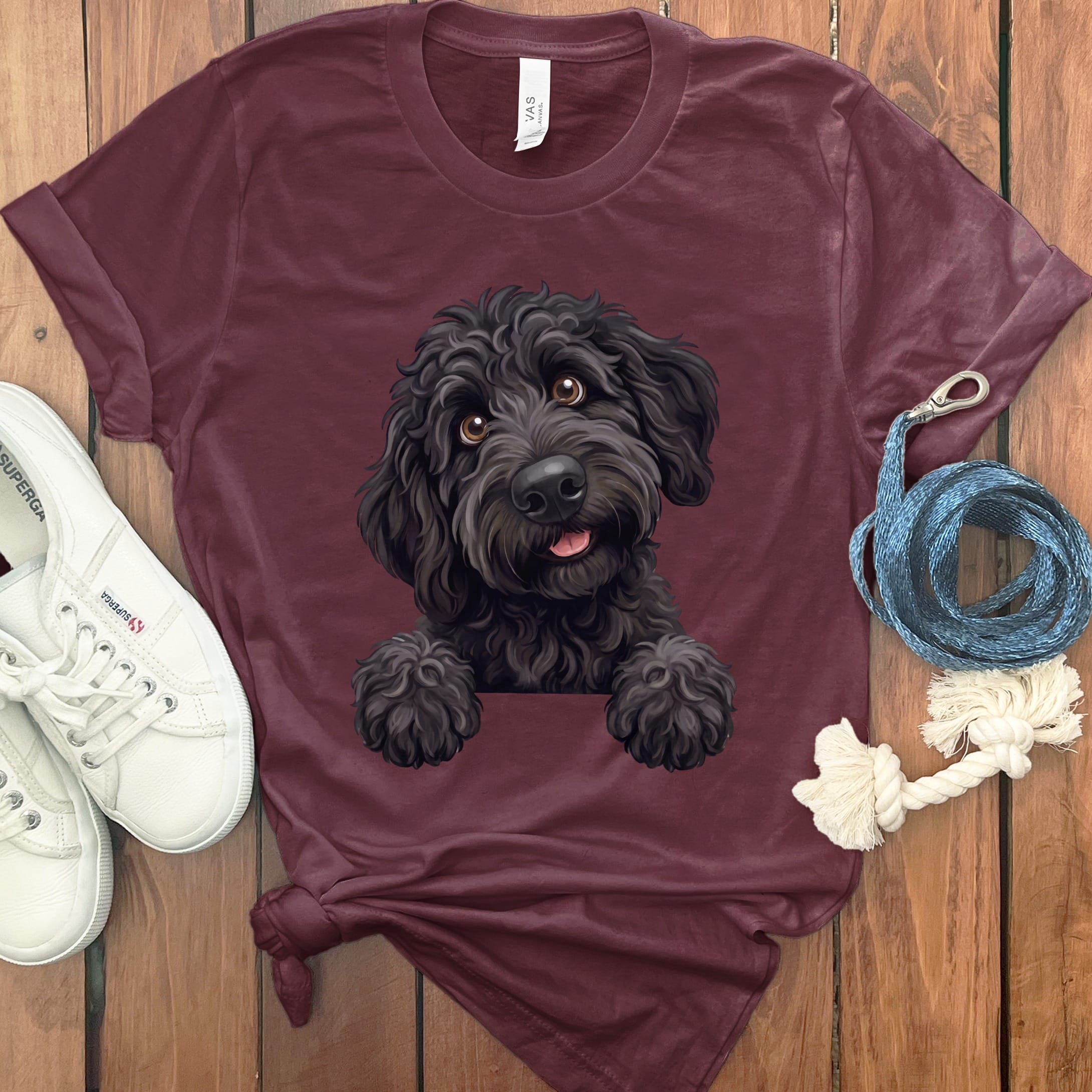 Curious Black Goldendoodle T-Shirt in Maroon / S by Puppy Jo