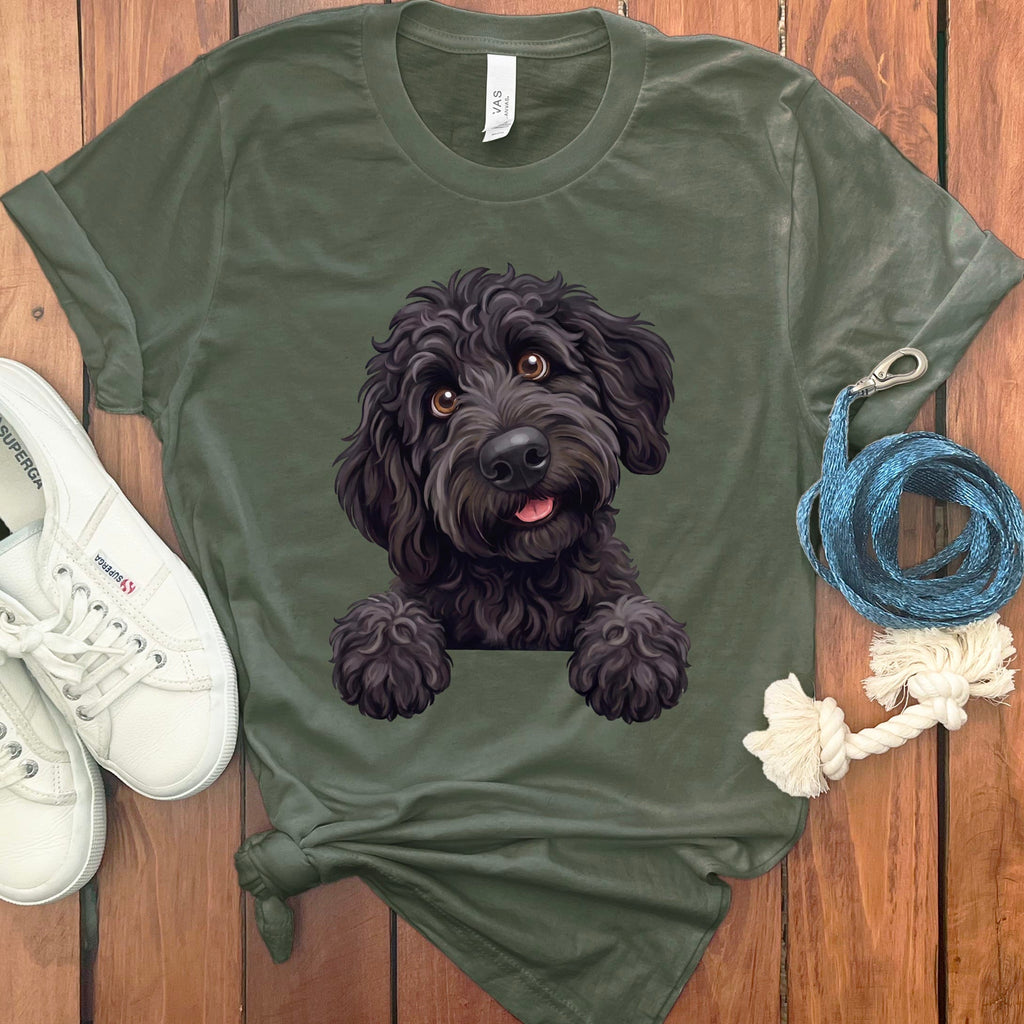 Curious Black Goldendoodle T-Shirt in Military Green / S by Puppy Jo