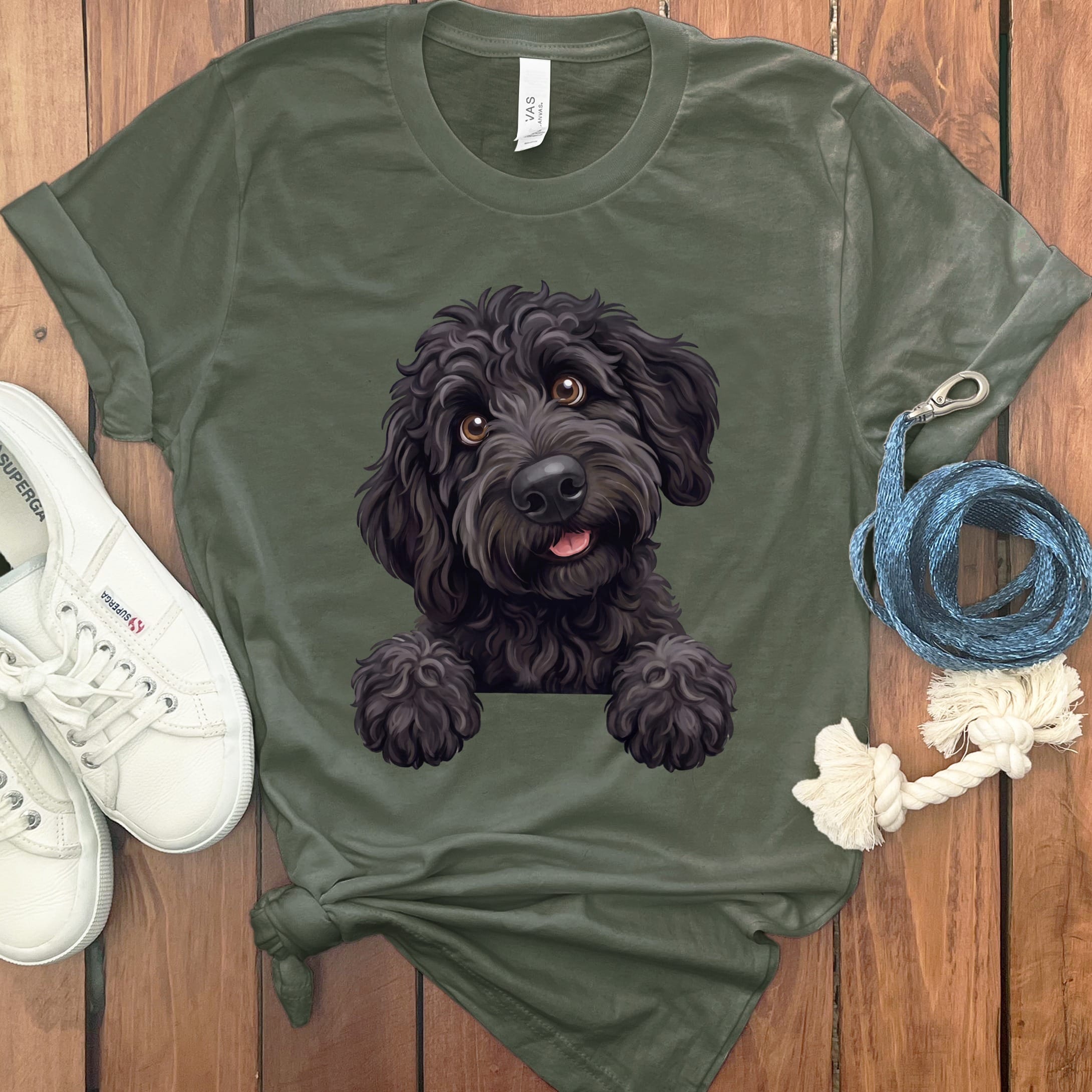 Curious Black Goldendoodle T-Shirt in Military Green / S by Puppy Jo