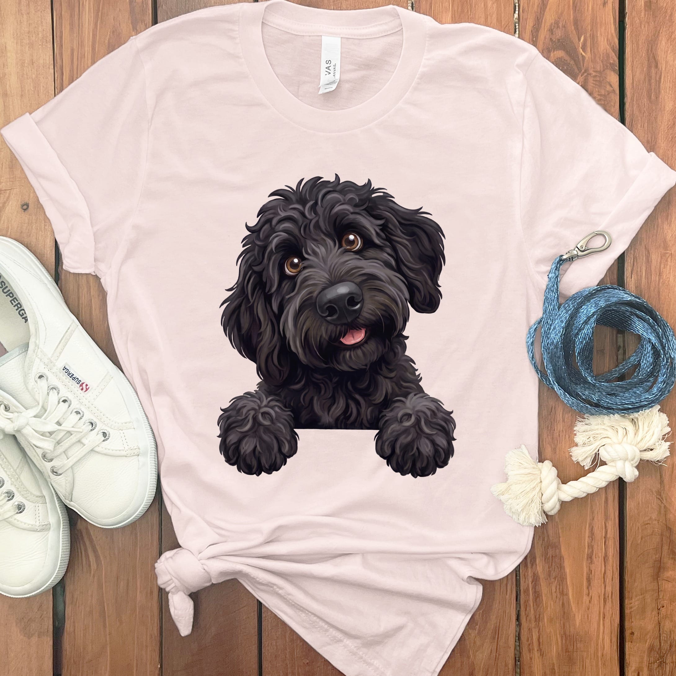 Curious Black Goldendoodle T-Shirt in Soft Pink / S by Puppy Jo