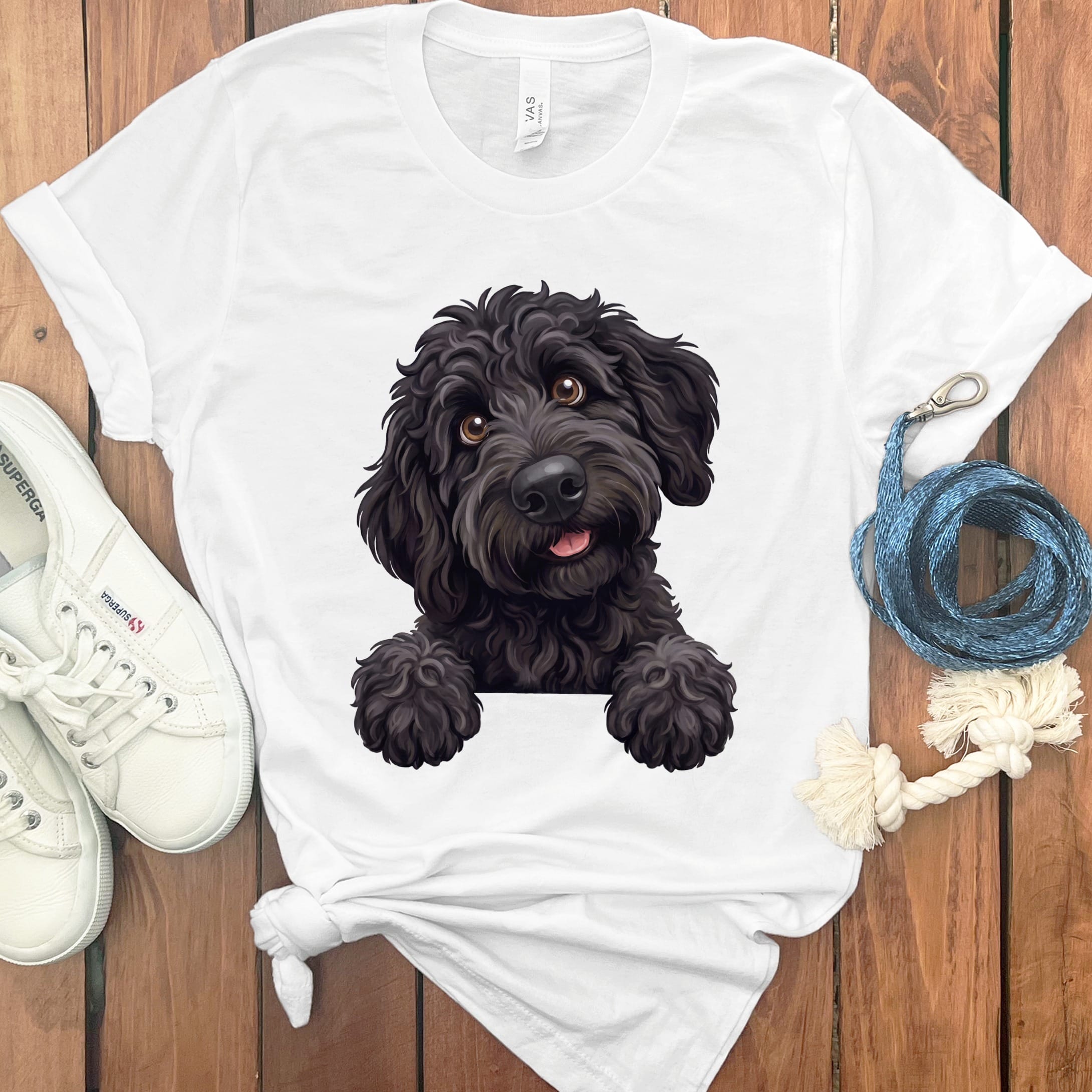 Curious Black Goldendoodle T-Shirt in White / S by Puppy Jo