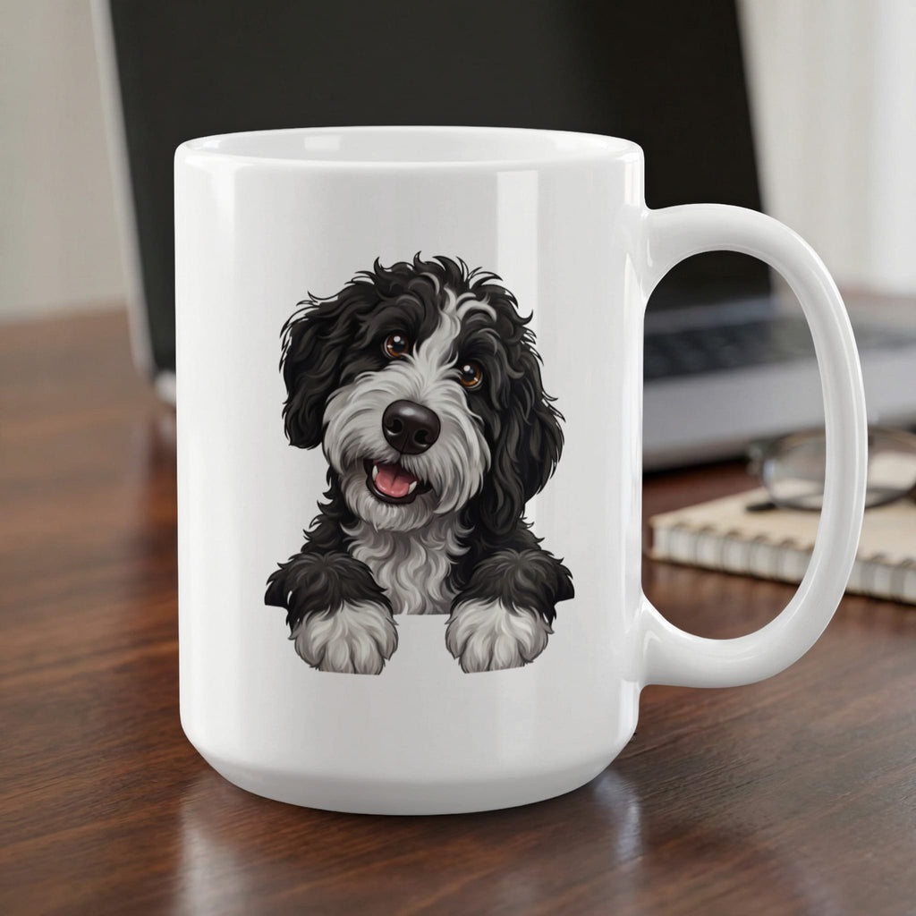 Curious Black Parti Goldendoodle Mug in 15oz by MyDesigns