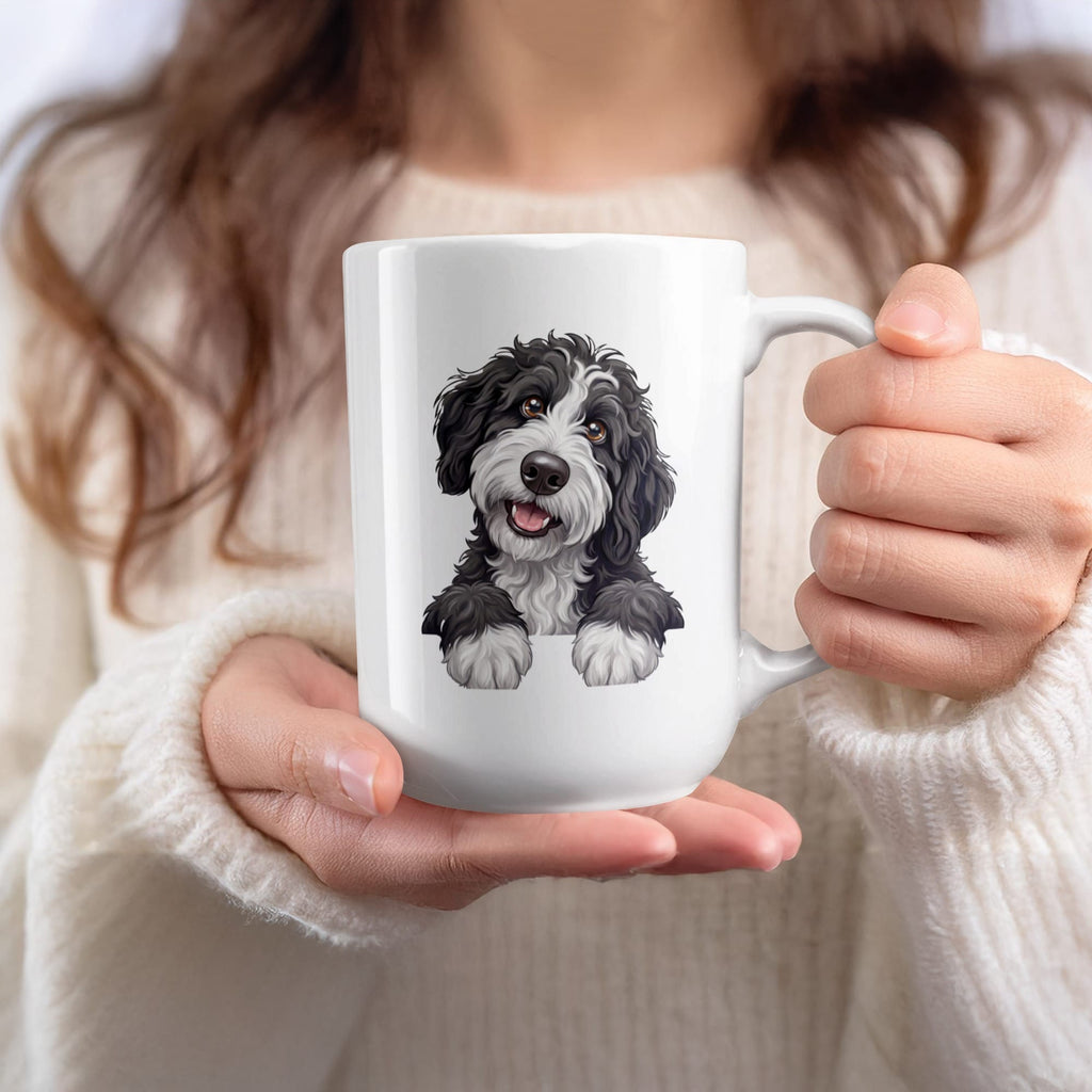 Curious Black Parti Goldendoodle Mug in by MyDesigns