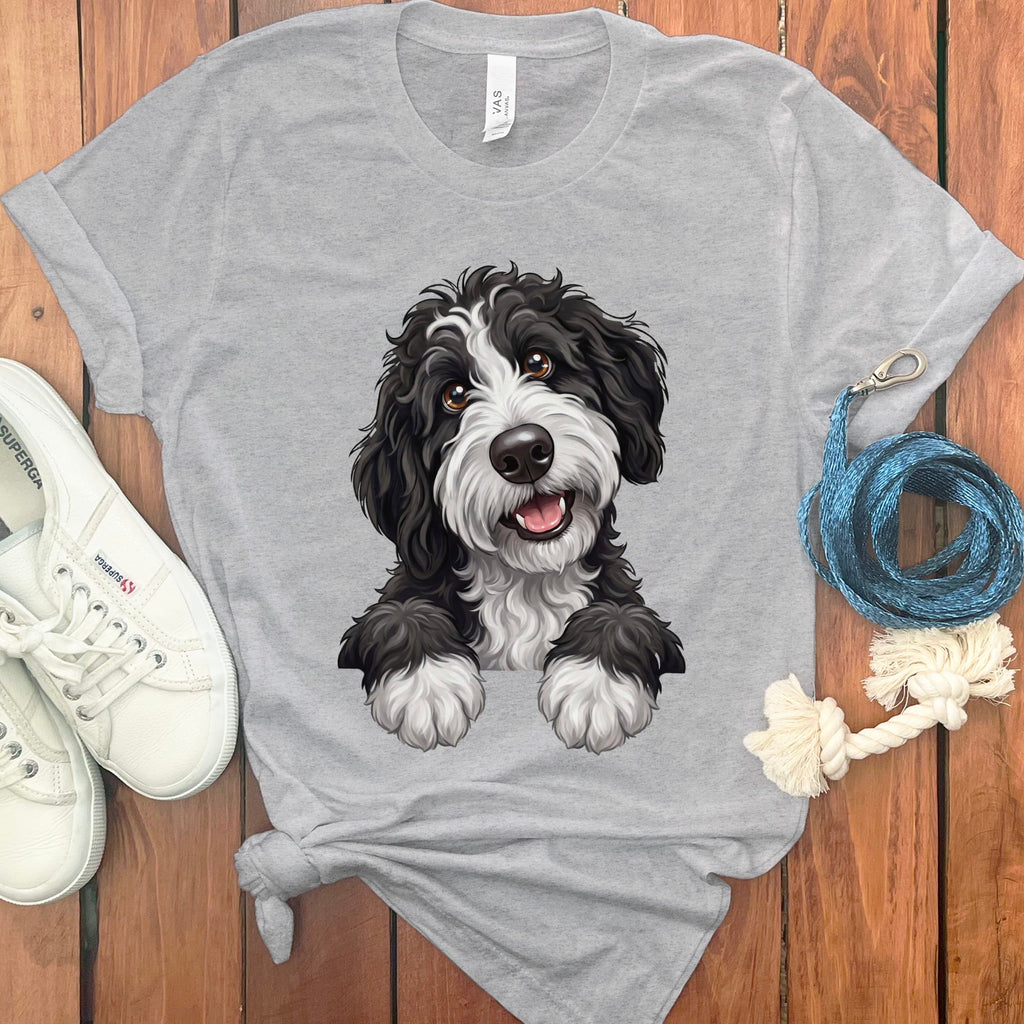 Curious Black Parti Goldendoodle T-Shirt in Athletic Heather / S by Puppy Jo
