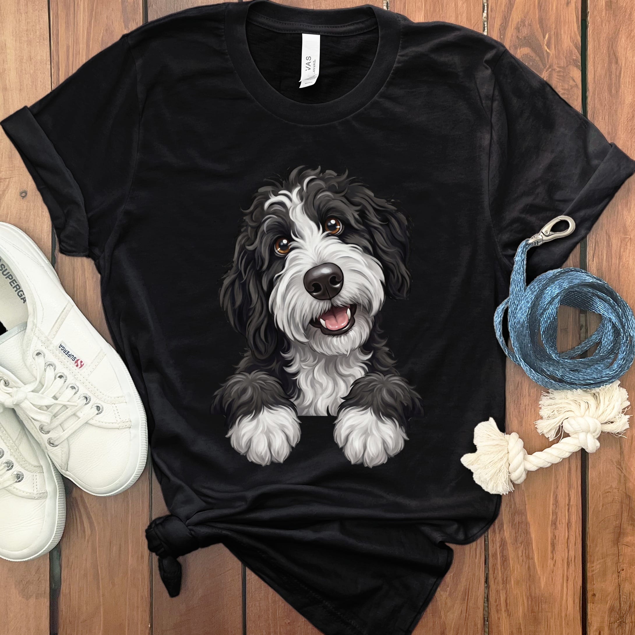 Curious Black Parti Goldendoodle T-Shirt in Black / S by Puppy Jo