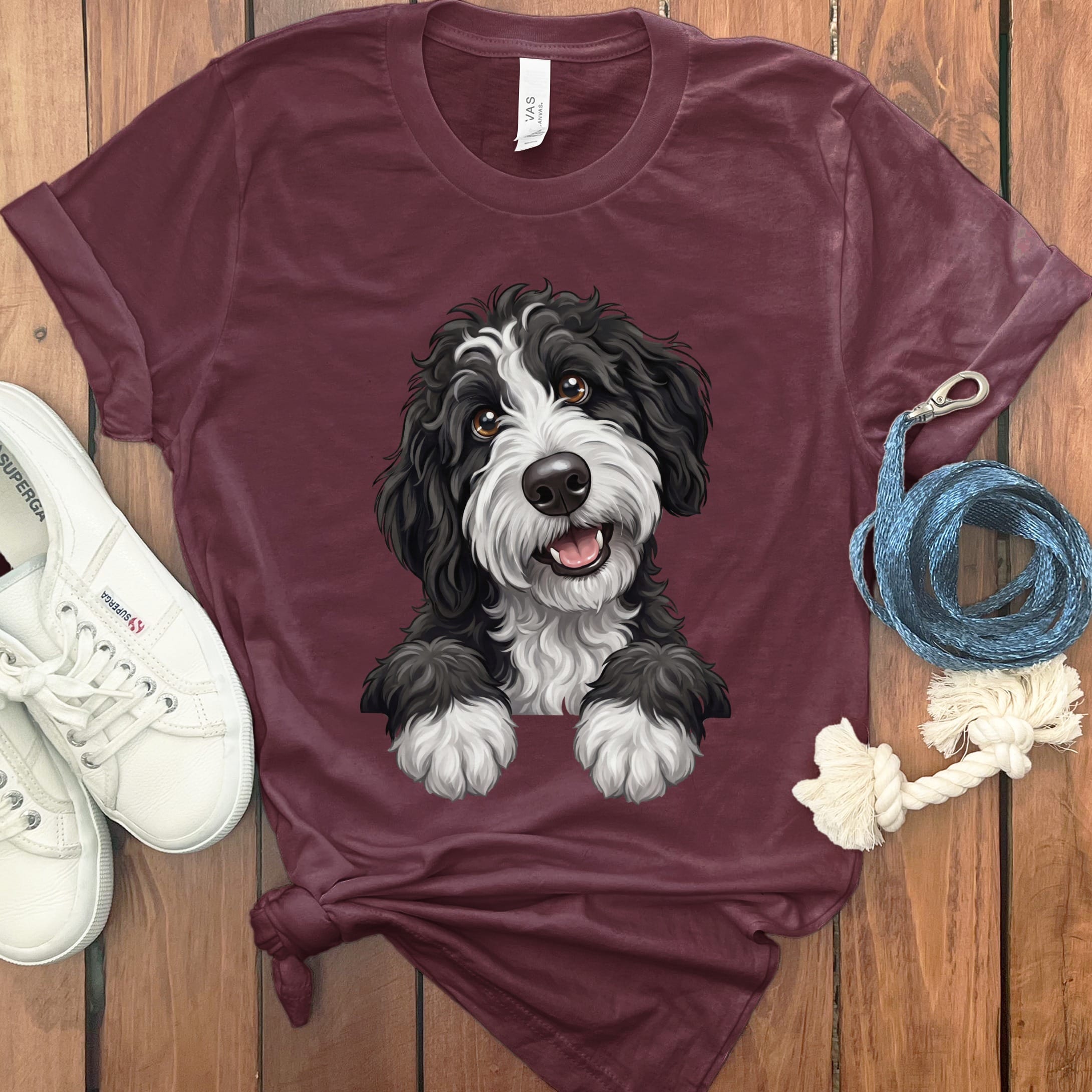 Curious Black Parti Goldendoodle T-Shirt in Maroon / S by Puppy Jo
