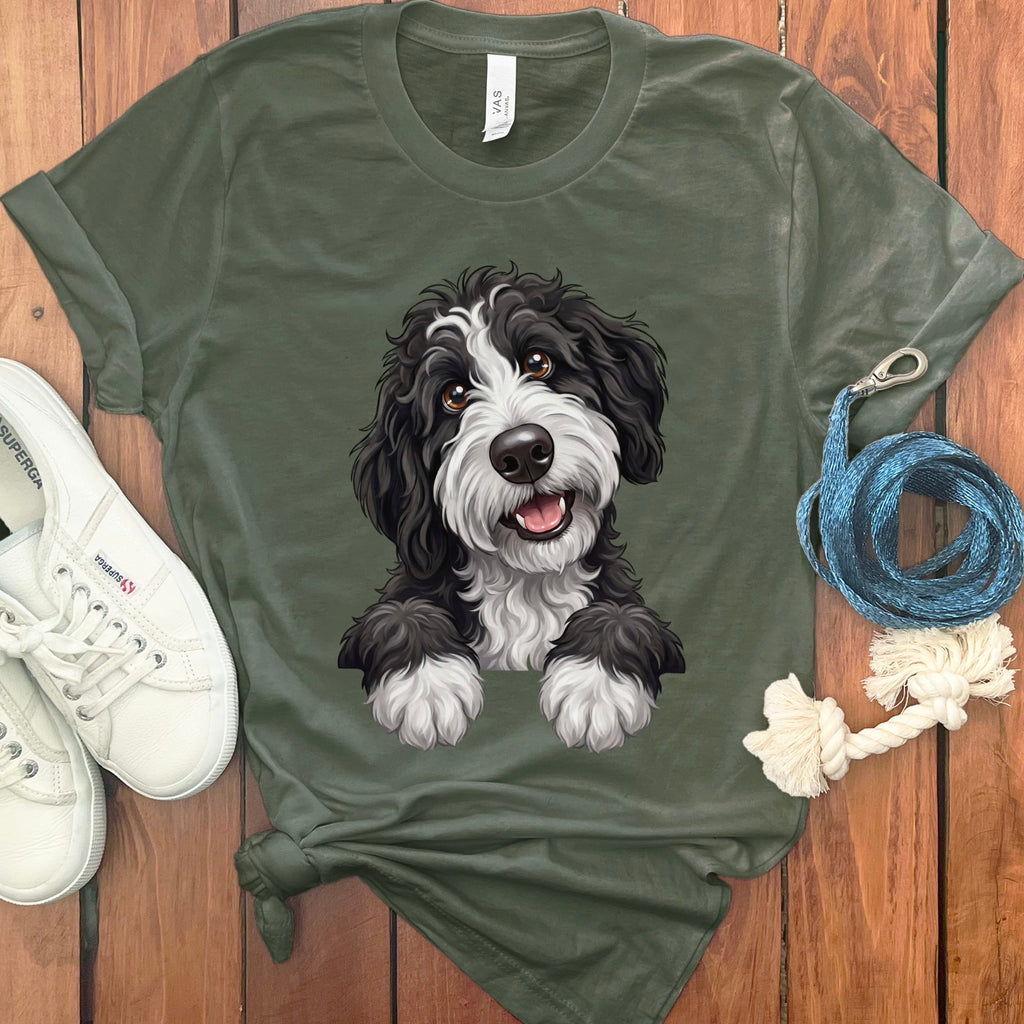 Curious Black Parti Goldendoodle T-Shirt in Military Green / S by Puppy Jo