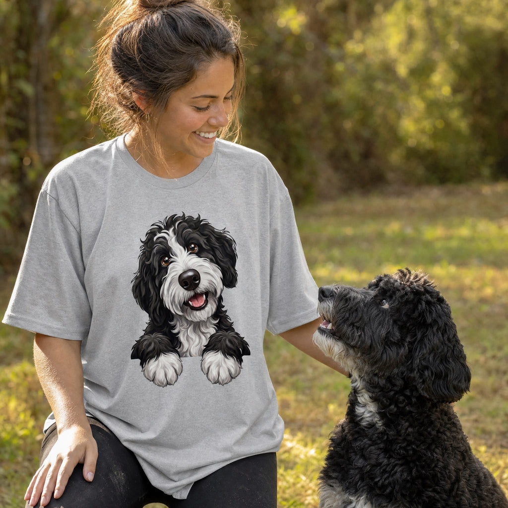 Curious Black Parti Goldendoodle T-Shirt in by Puppy Jo