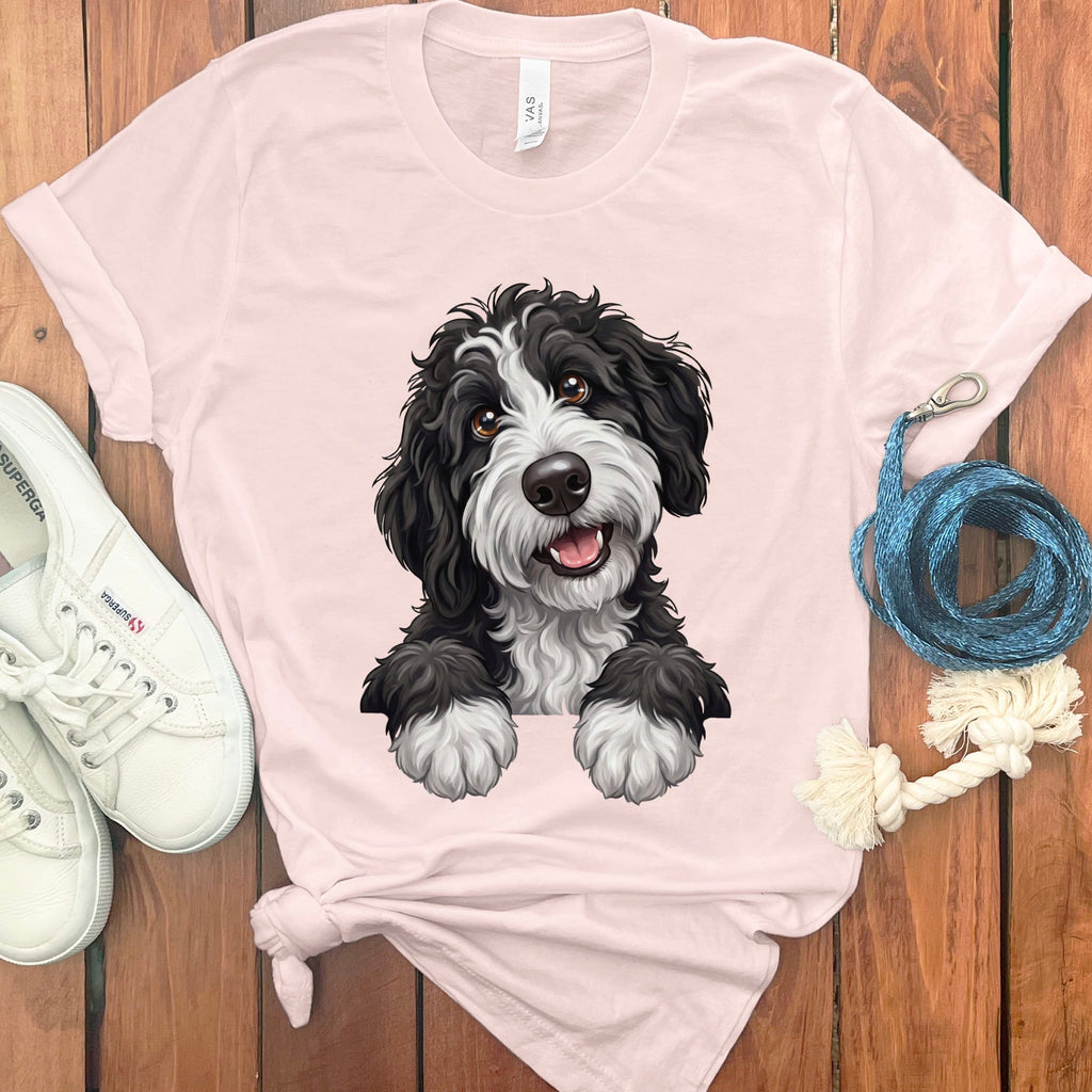 Curious Black Parti Goldendoodle T-Shirt in Soft Pink / S by Puppy Jo