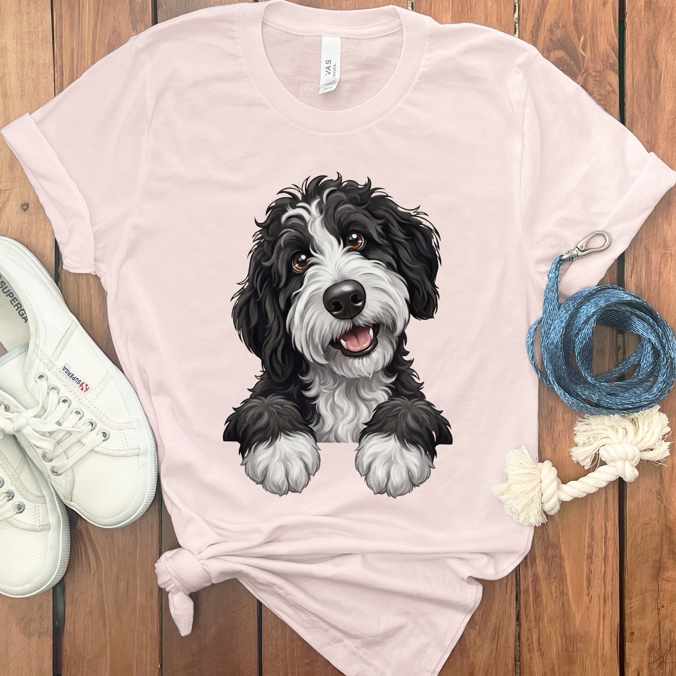Curious Black Parti Goldendoodle T-Shirt in Soft Pink / S by Puppy Jo