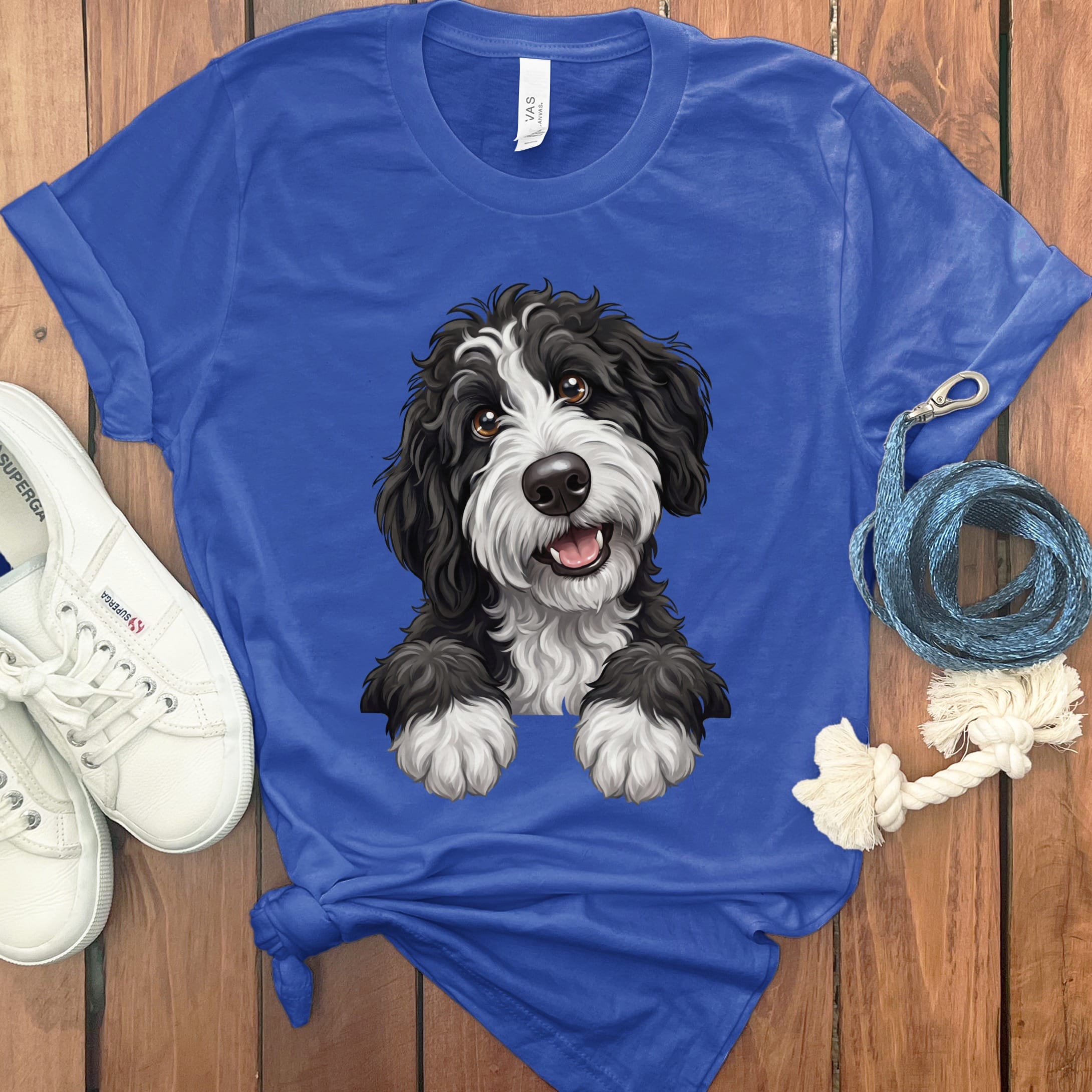 Curious Black Parti Goldendoodle T-Shirt in True Royal / S by Puppy Jo
